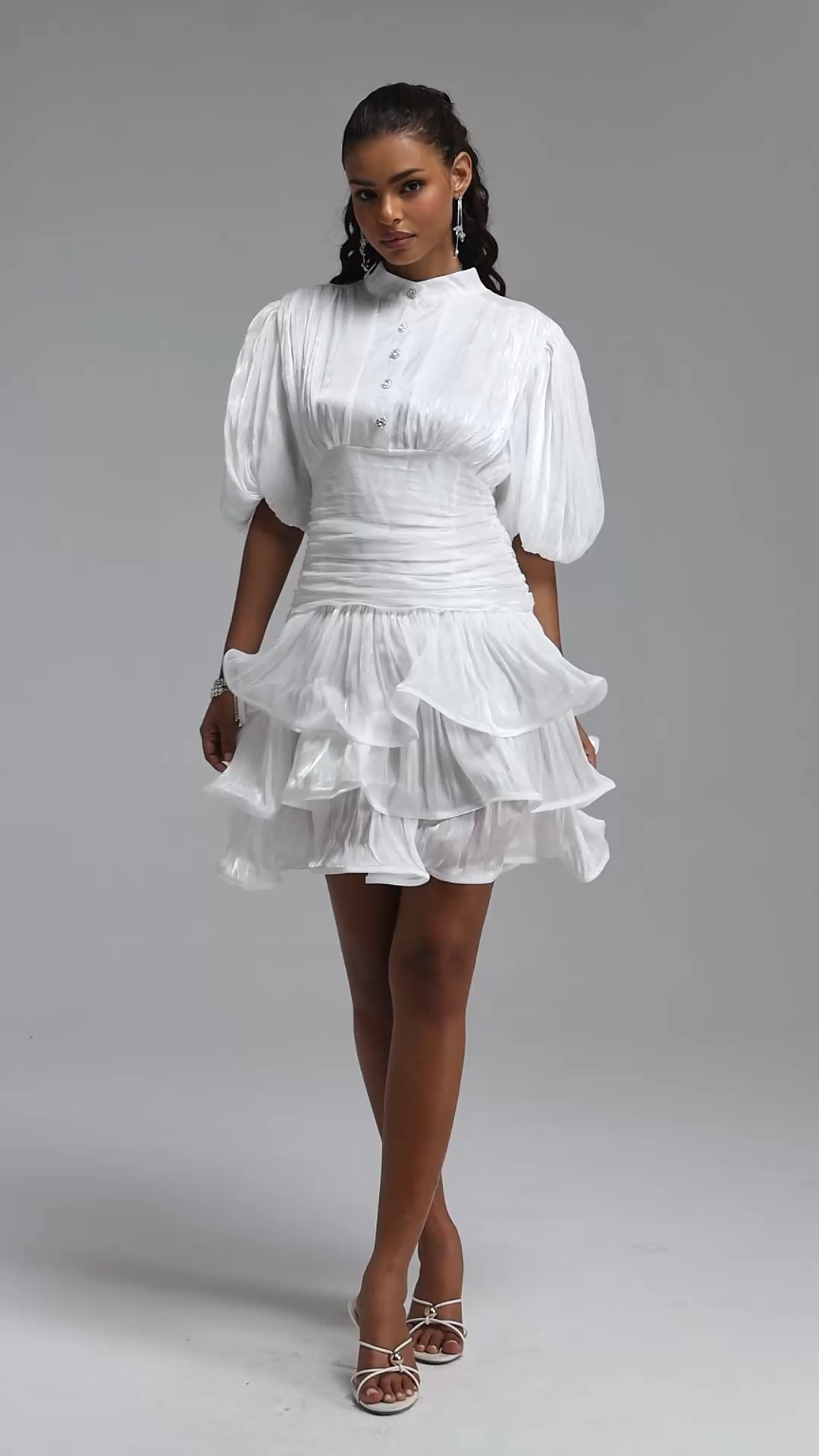 Fagra Resort Flowy Puff Sleeve Ruffle Shimmer Satin White Mini Dress