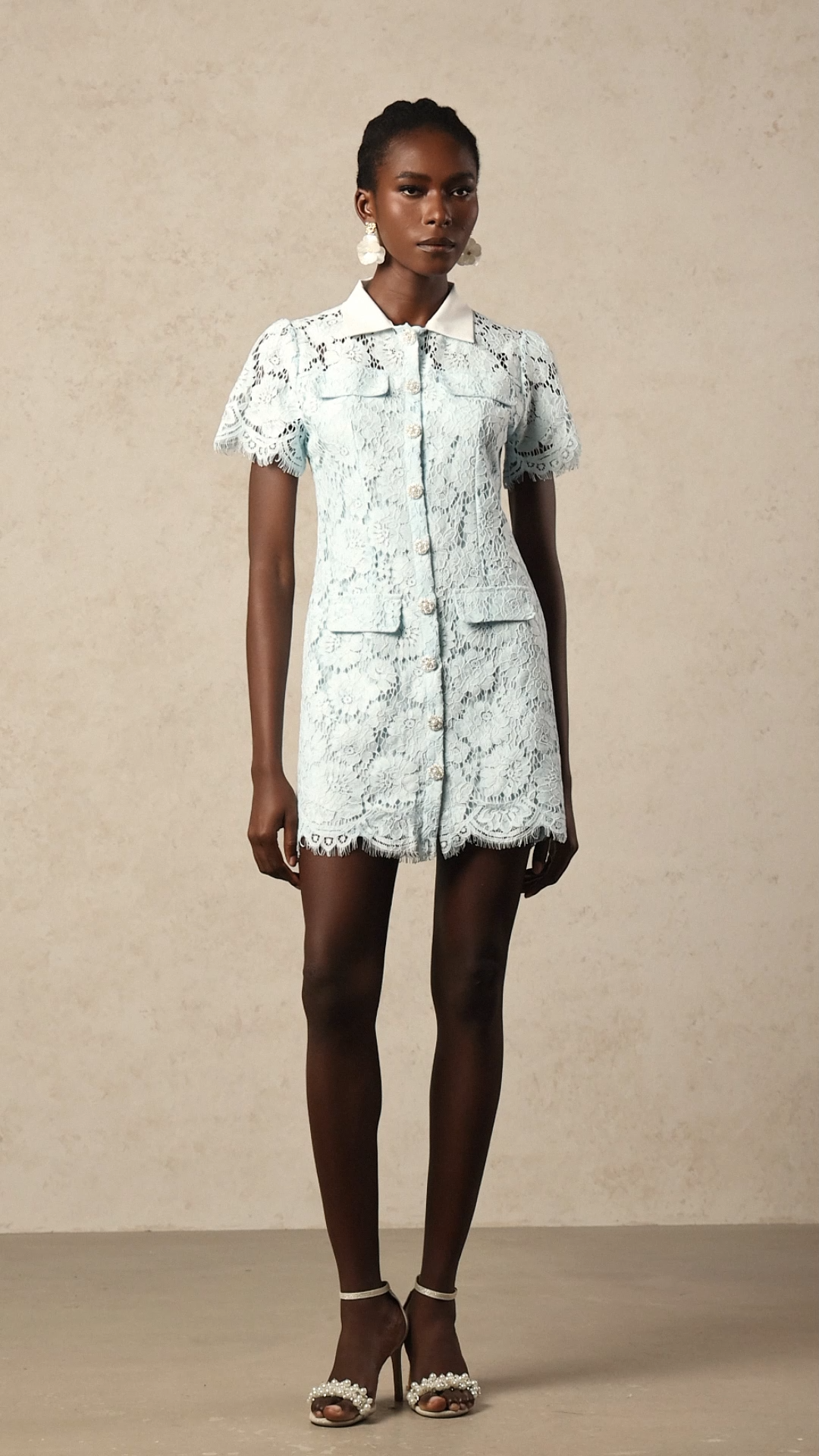 Saliya Short Sleeves Lapel Lace Mini Dress