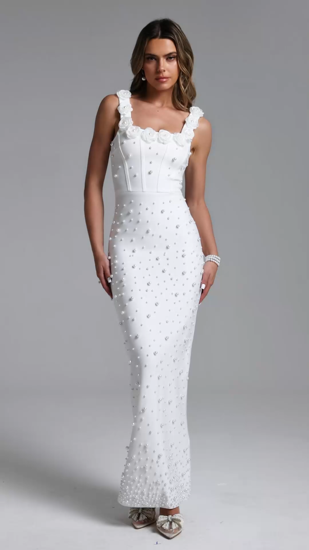 Shea Elegant Contour Square Neck Floral Pearl Bandage Maxi Dress