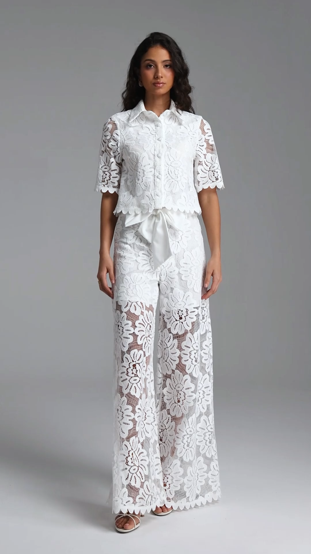 Liviya Elegant Tailored Short Sleeve Lace Top and Pants Two Piece Set