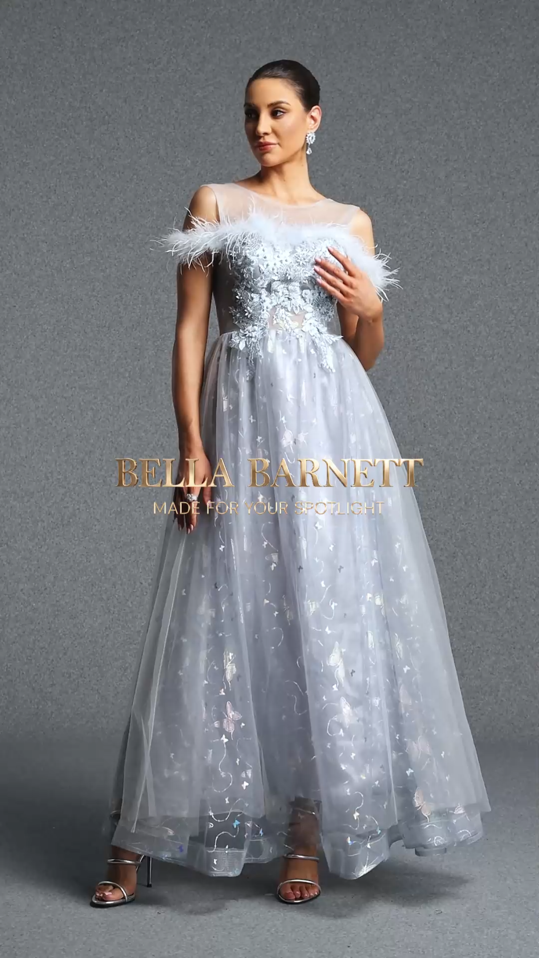 Pillnee Elegant Flowy Off Shoulder Feather Embroidered Mesh Maxi Dress