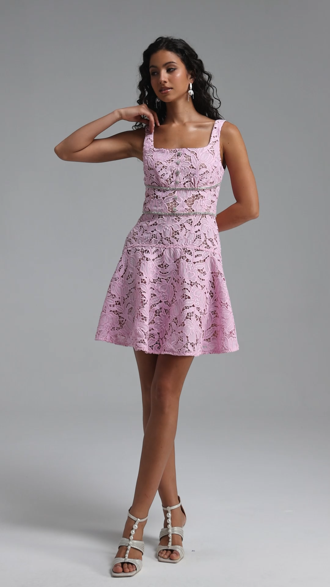Trinaco Romantic Tailored Sleeveless Floral Lace Mini Dress
