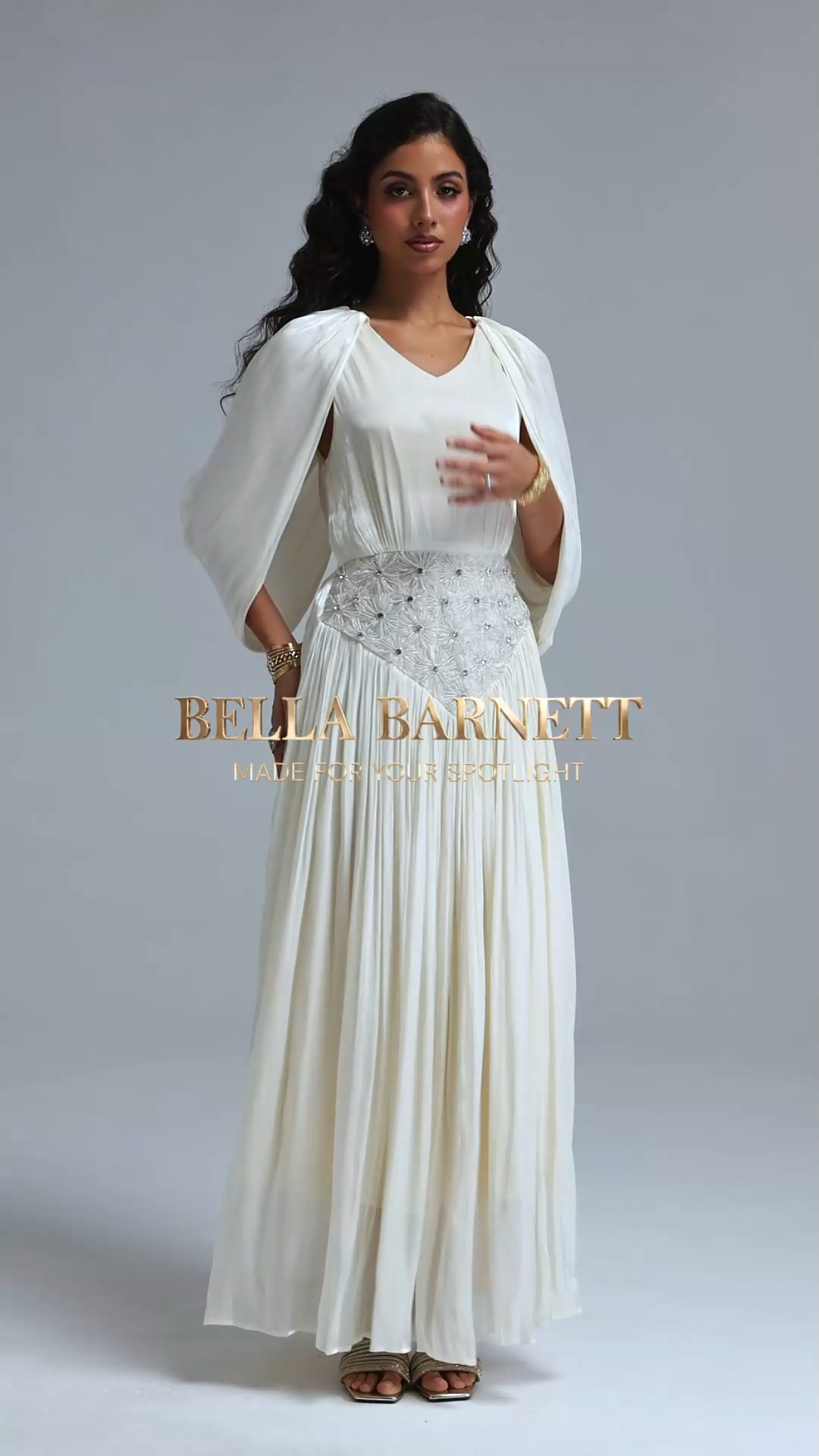 Mishell Romantic Flowy Cape Sleeve Rhinestone Shimmer Satin Maxi Dress