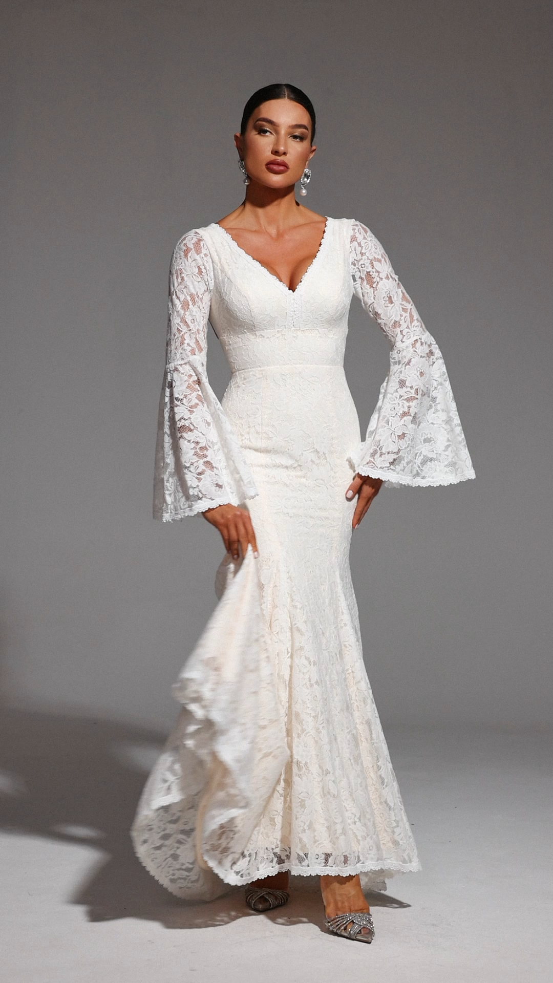 Izara V-Neck Long Sleeve Backless Lace Maxi Dress