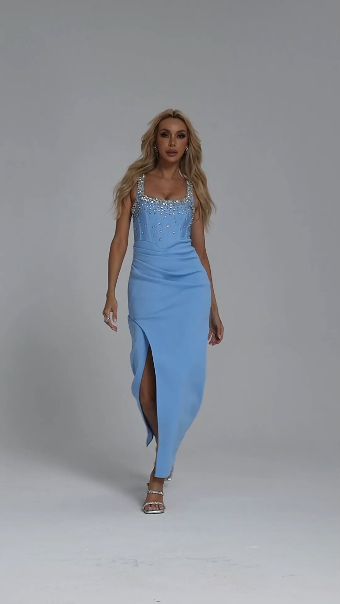 Luysa Glamorous Tailored Rhinestone Pleated Bandage Maxi Dress