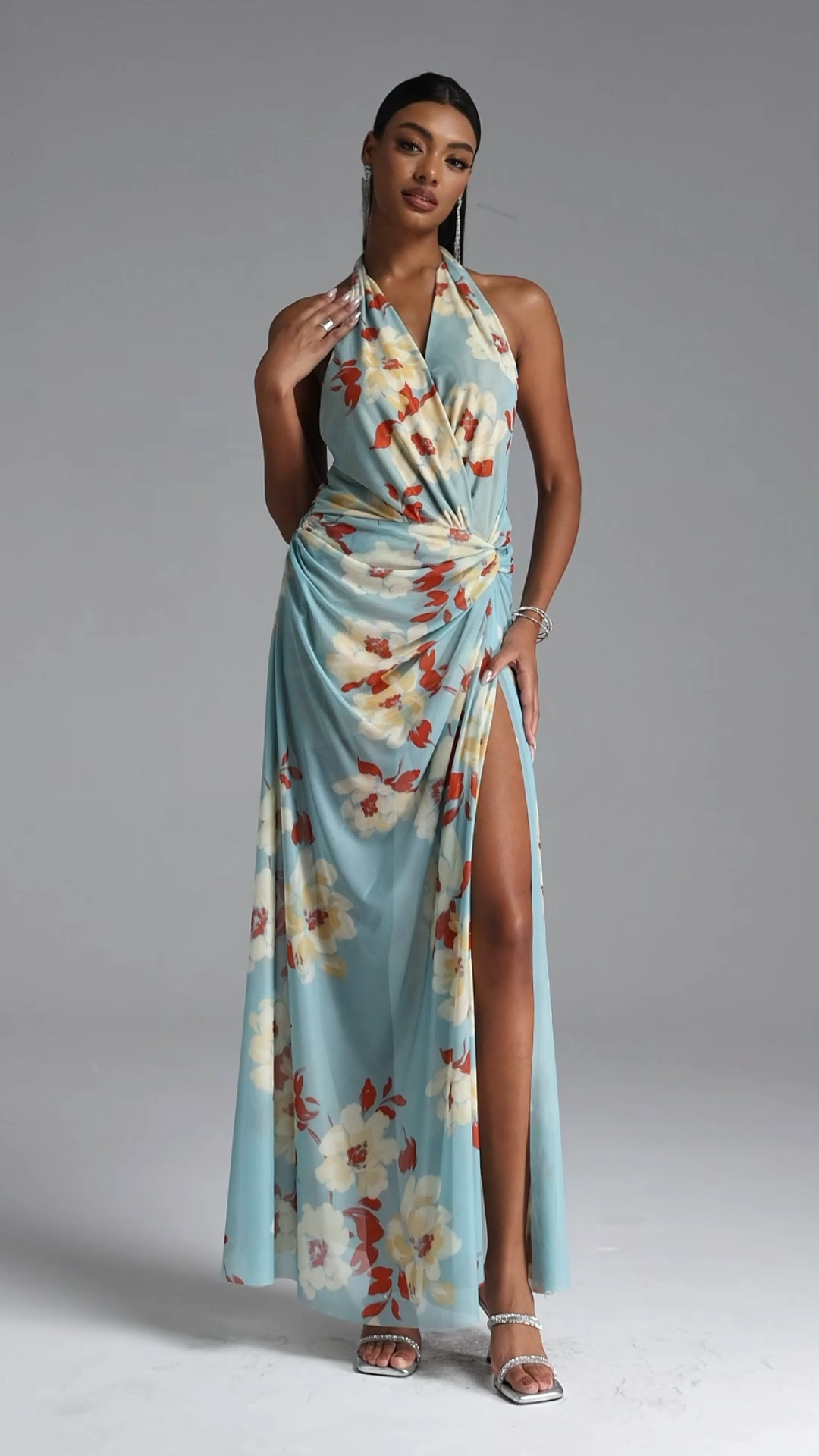 Yogi Chic Flowy Halter V Neck Twist Floral Print Maxi Dress