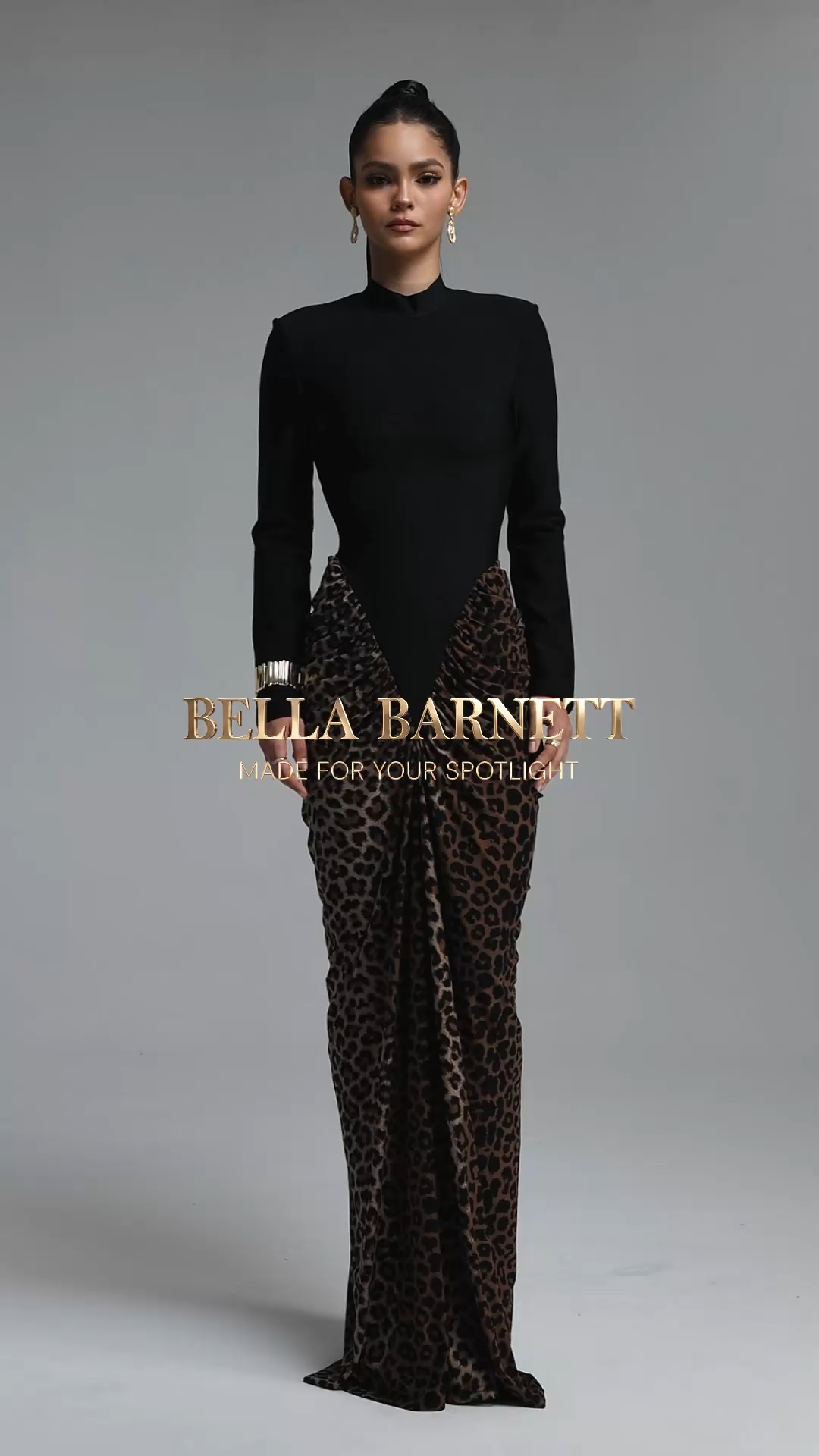 Classic High Neck Long Sleeve Color Block Draped Bandage Maxi Dress