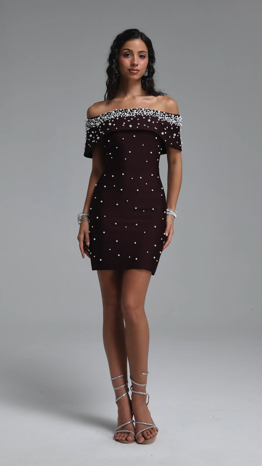 Lucki Elegant Contour Off-Shoulder Pearl Embellished Bodycon Bandage Mini Dress