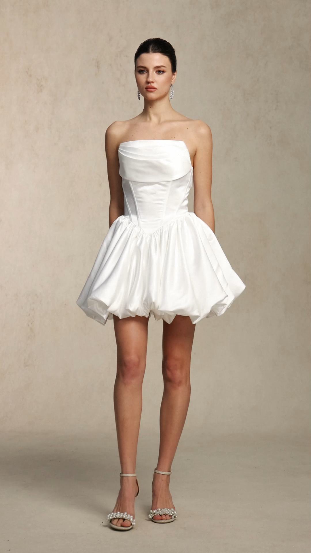 Lunare Elegant Strapless Cinched Waist White Satin Mini Dress