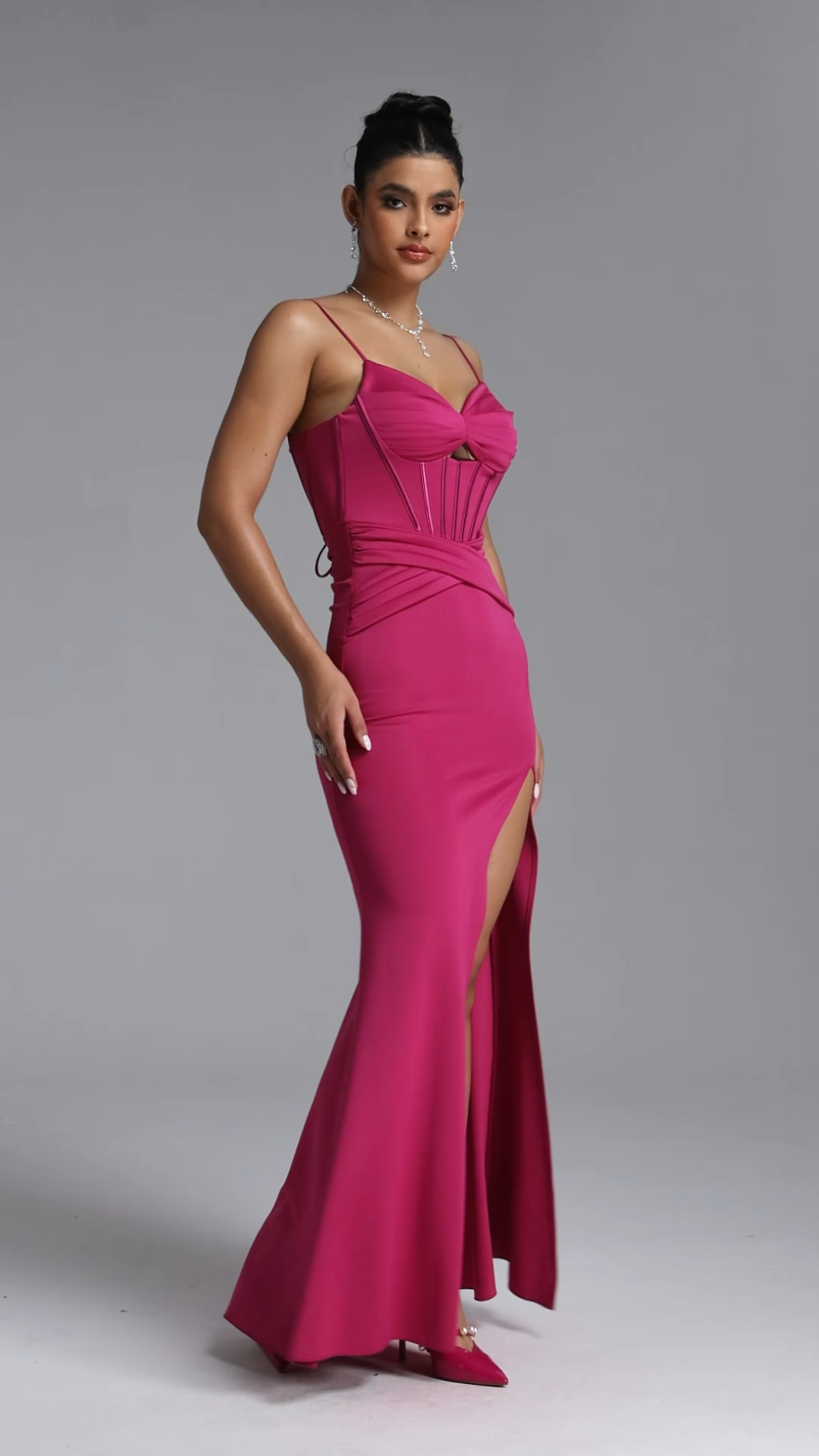 Tutti Romantic Contour Cut Out Pleated Satin Rose Pink Maxi Dress