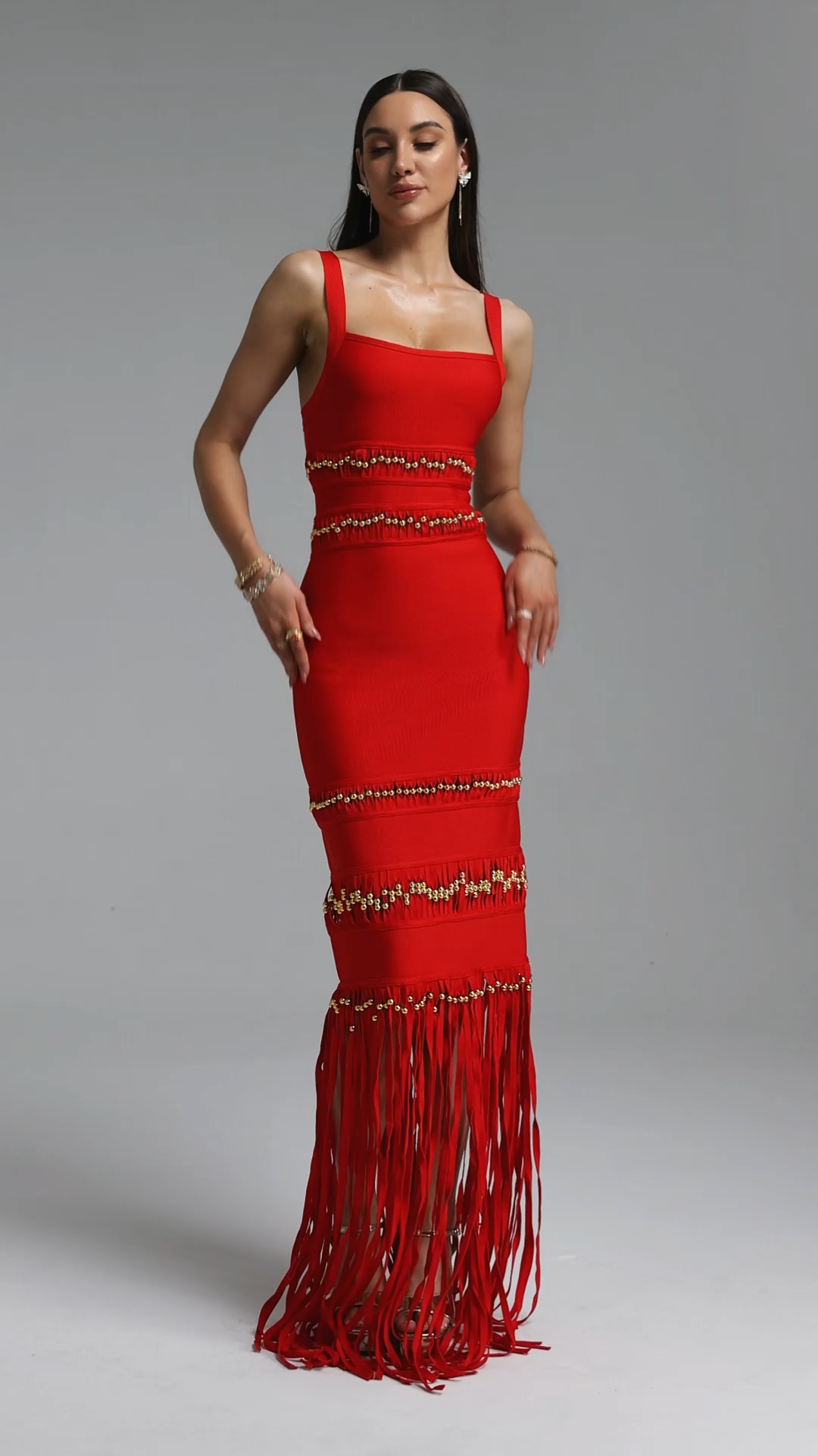 Shanley Chic Contour Sleeveless Beaded Fringe Black Bandage Maxi Dress