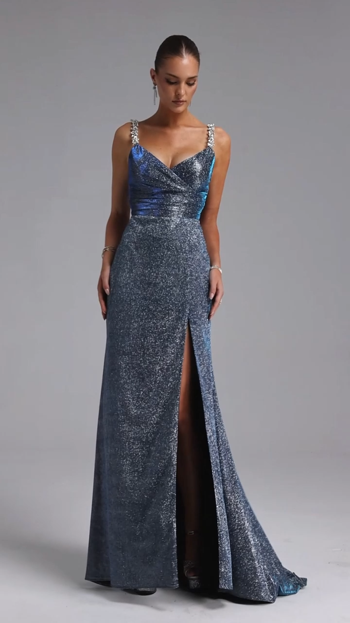 Vivi Chic Contour V Neck Pleated Glitter Maxi Dress