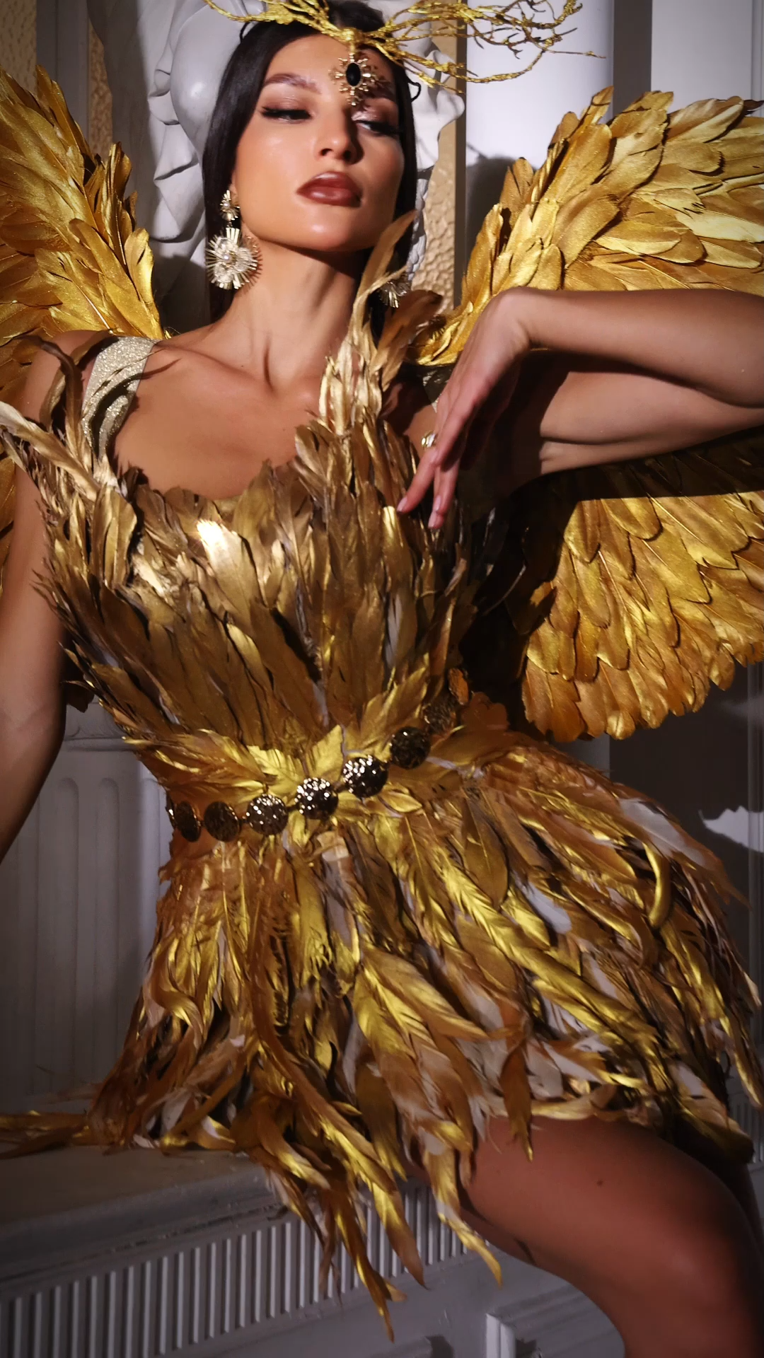 Karin Golden Artificial Feather Slim Mini Dress