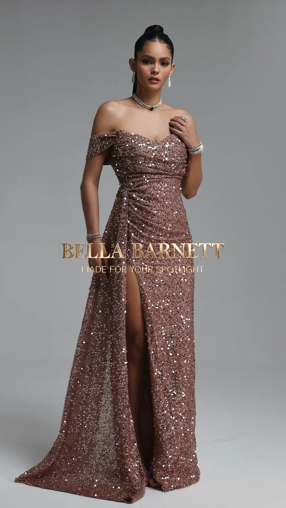 Kylli Classic Off Shoulder Draped Sash Slit Sequin Maxi Dress