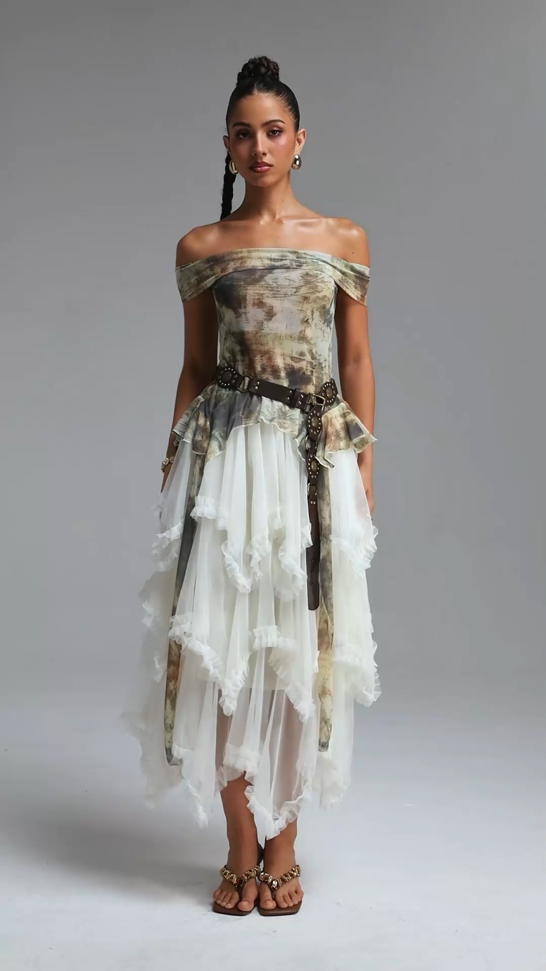 Zuly Bohemian Flowy Off Shoulder Tiered Ruffle Tulle Top and Skirt Two Piece Set