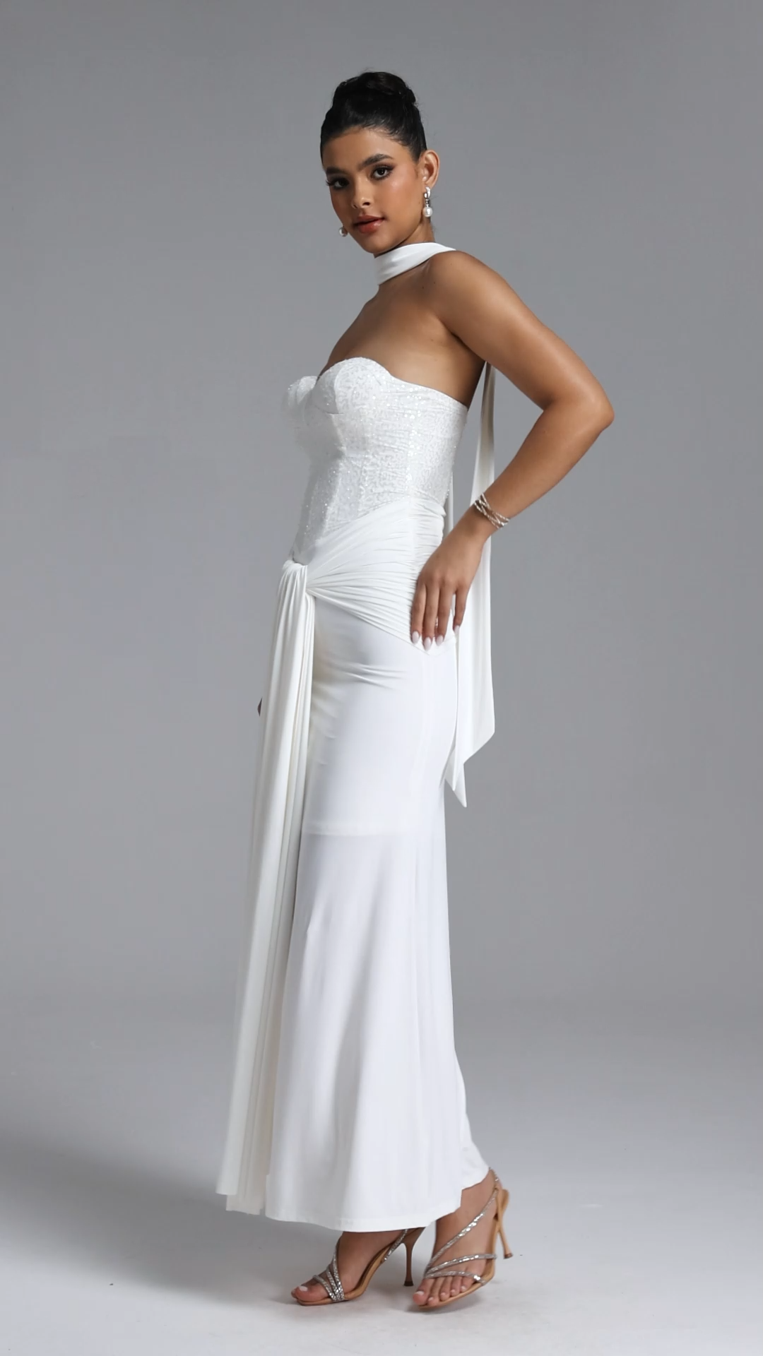 Sharlot Elegant Contour Strapless sequin Draped Knit White Maxi Dress