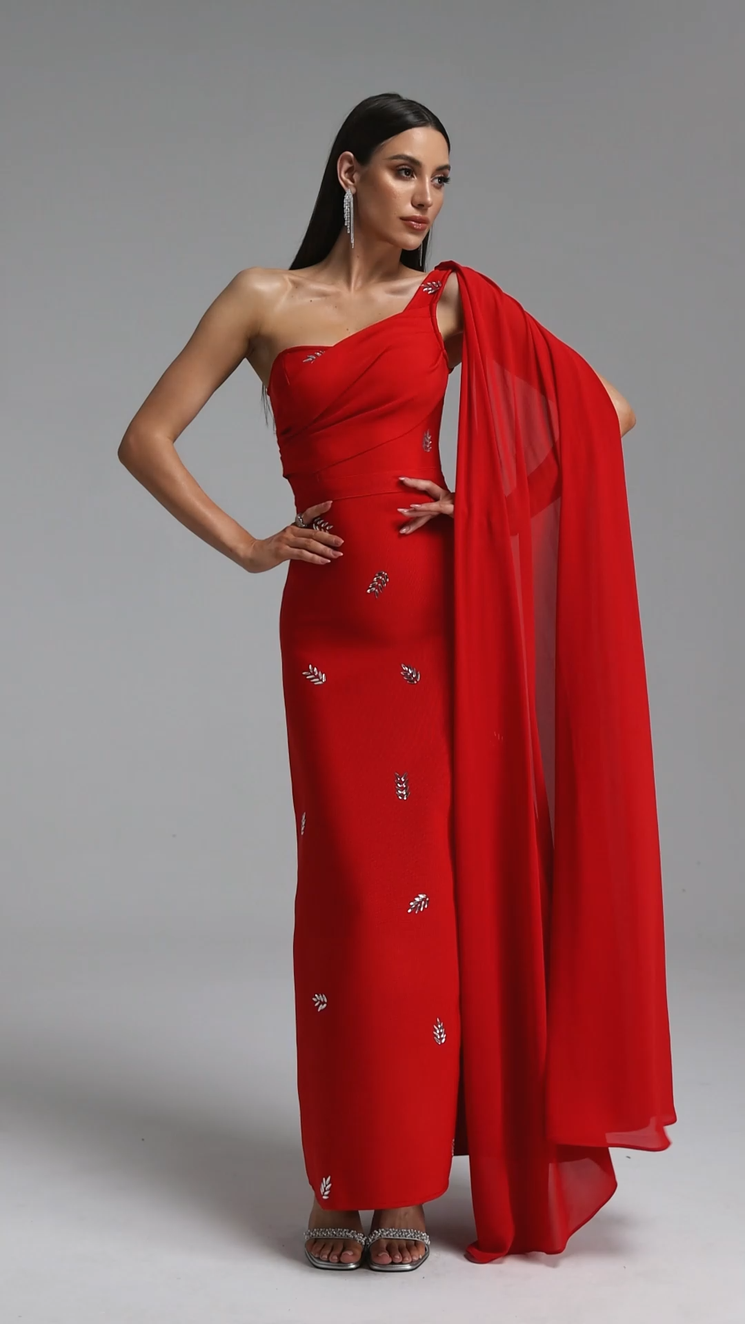 Presley Elegant One Shoulder Hotfix Rhinestone Slit Bandage Maxi Dress