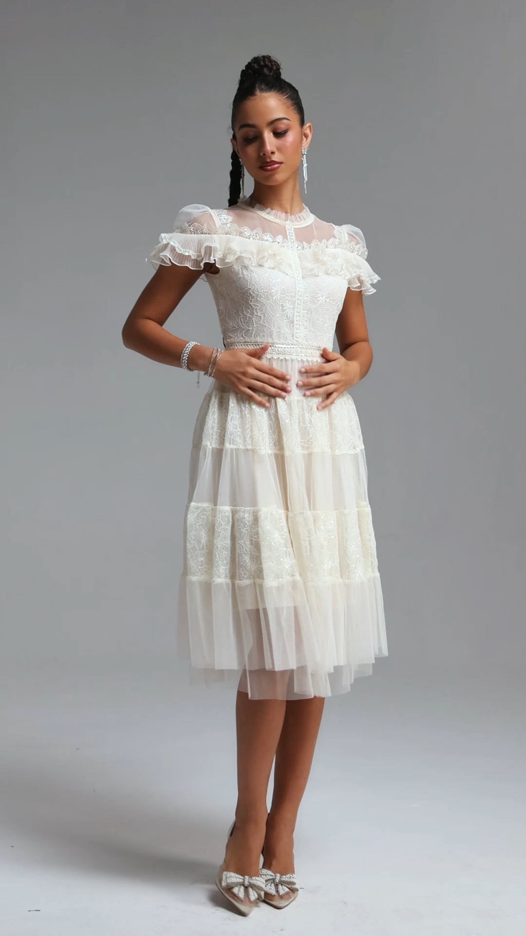 Emmi Elegant Flowy Floral Lace Ruffle Tulle Midi Dress