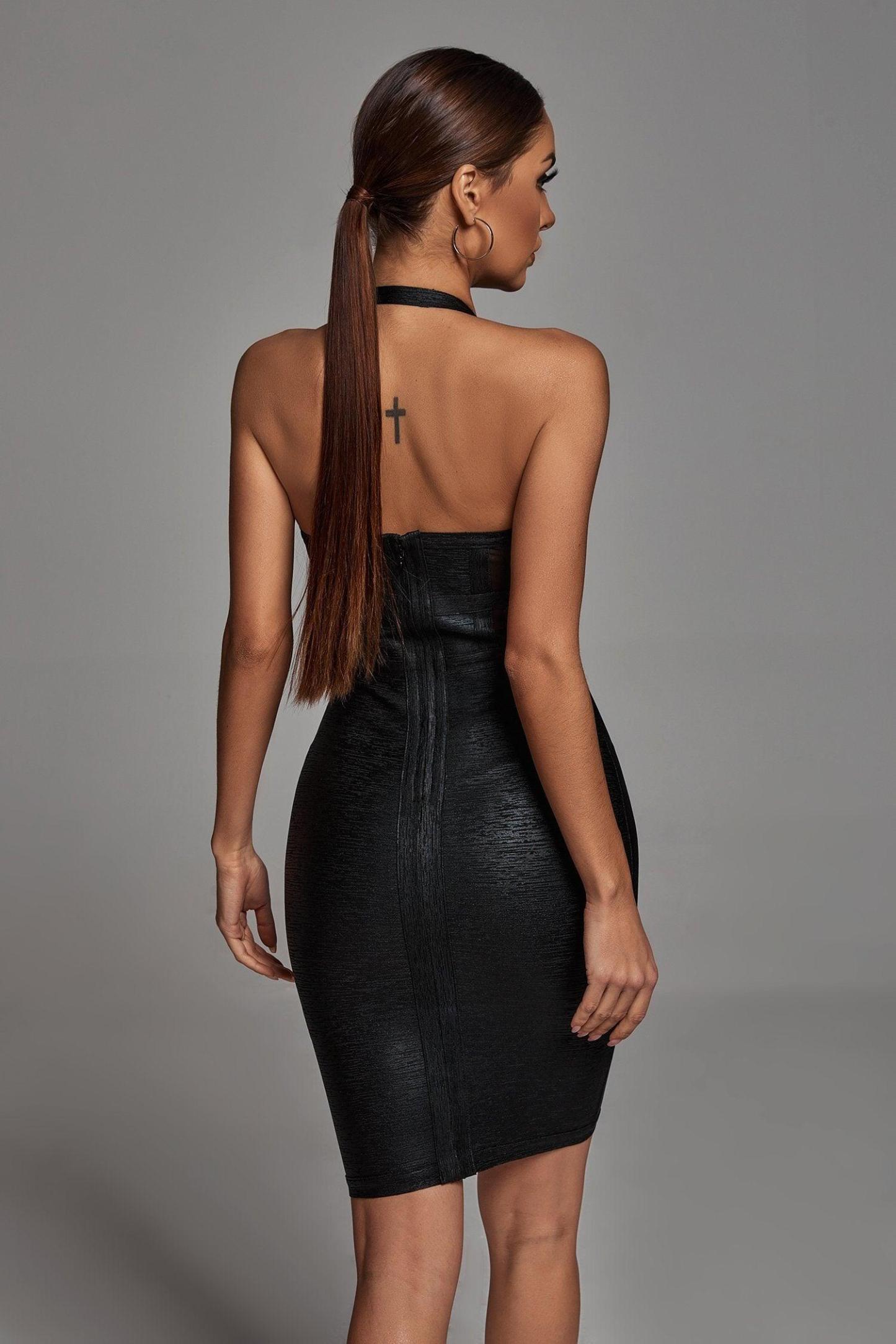 Halter Black Metallic Cocktail Dress - Black - Bellabarnett
