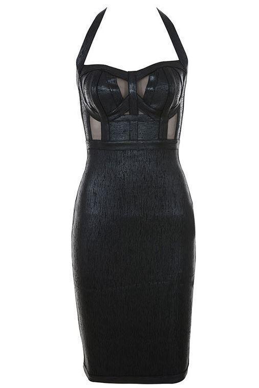 Halter Black Metallic Cocktail Dress - Black - Bellabarnett