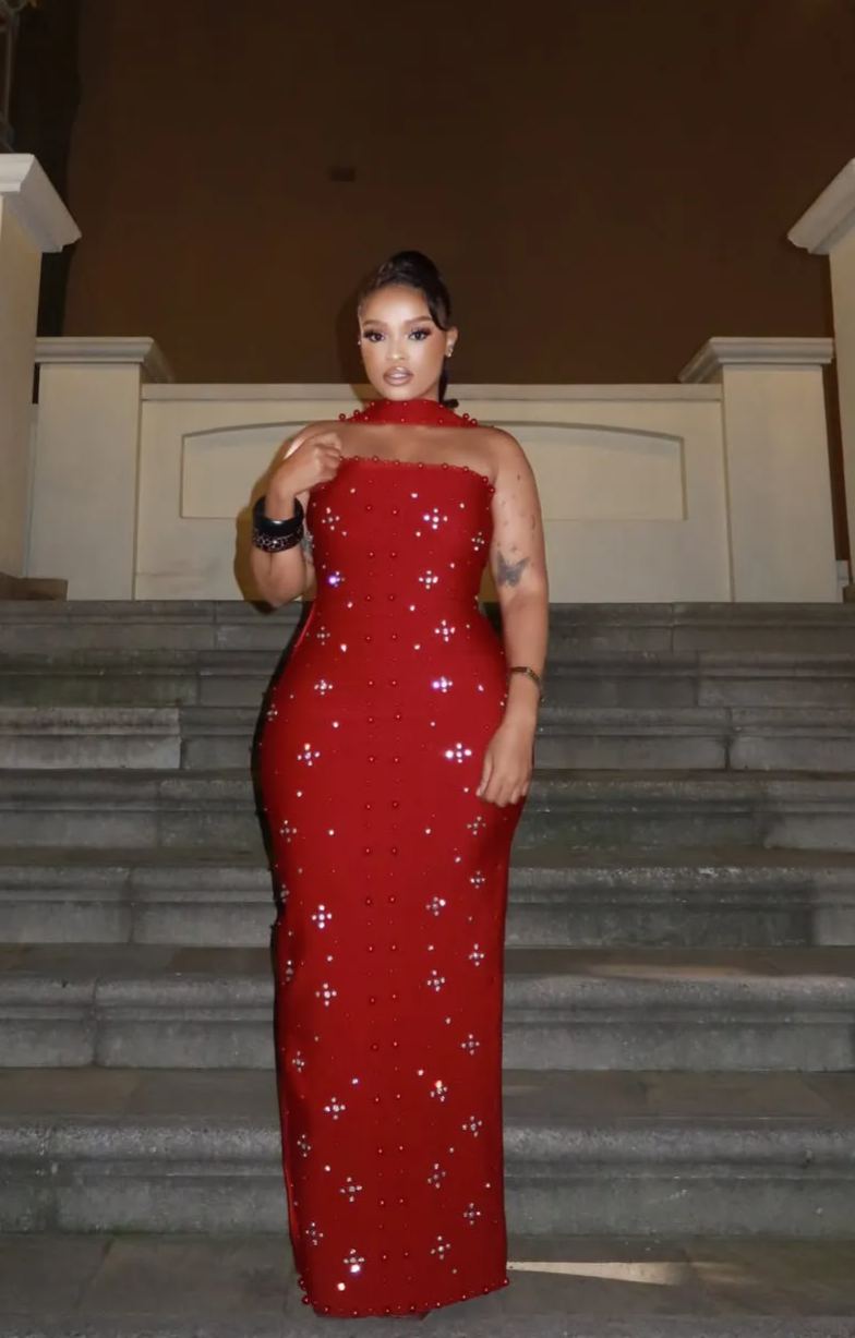 Nesya Sleeveless Pearl Wine Bandage Maxi Dress