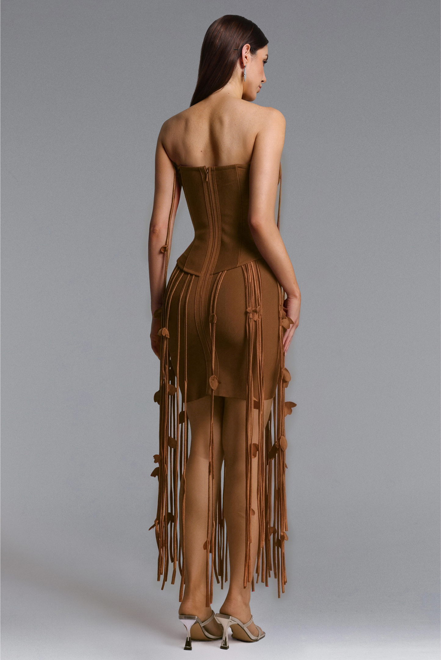 Mikin Chic Contour Strapless Leaf Fringe Bandage Mini Dress