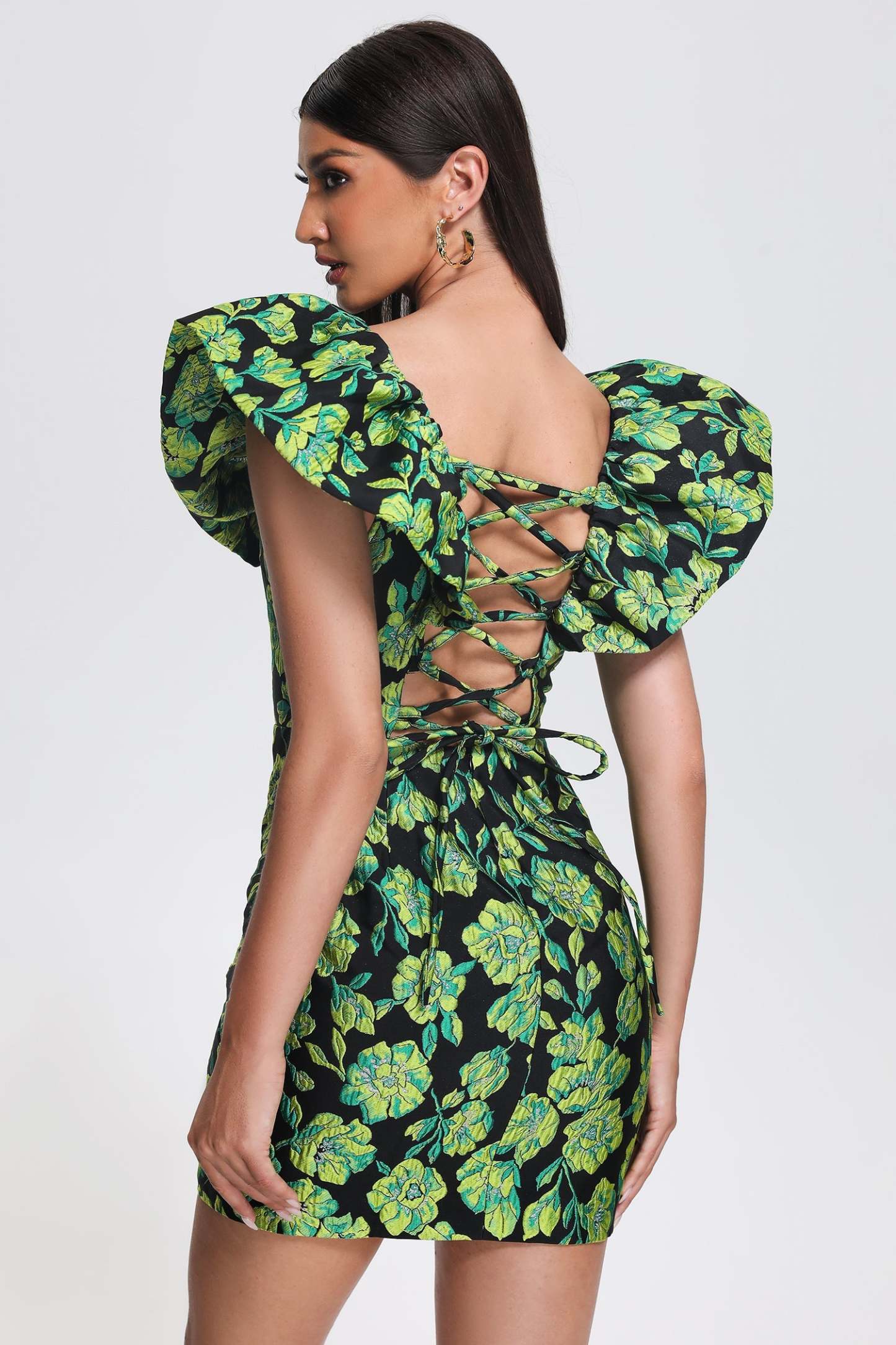 Mary Jacquard Backless Mini Dress - Green