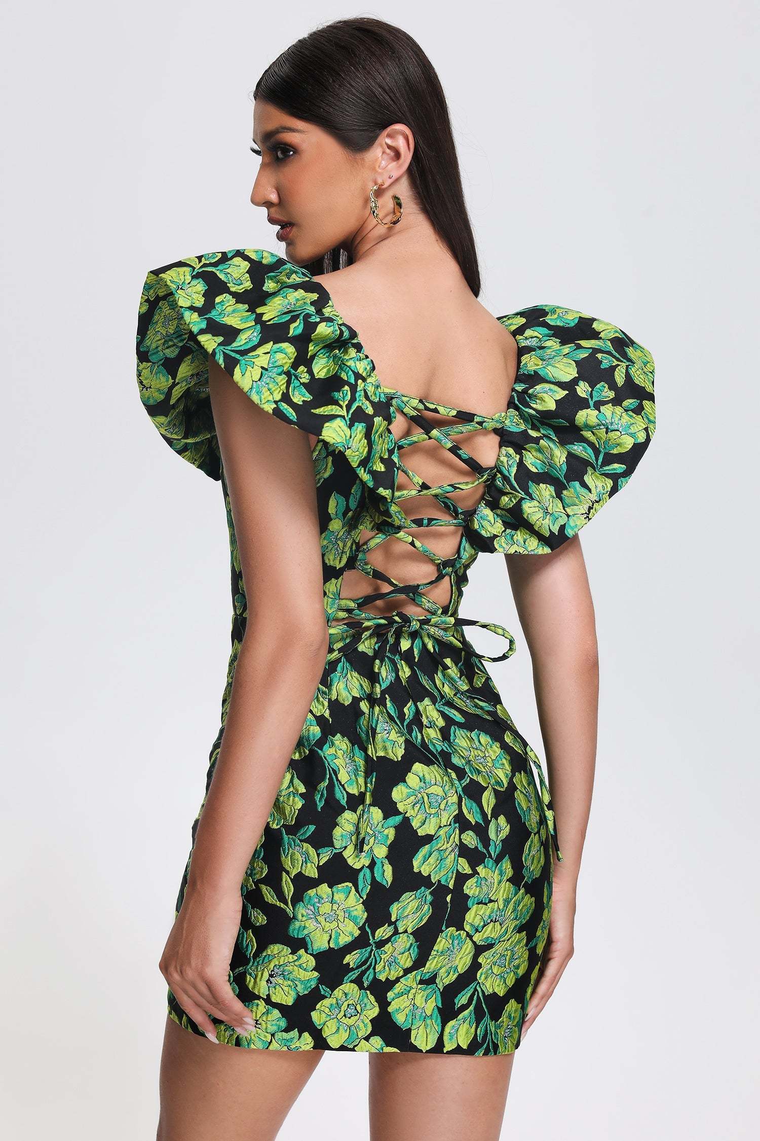 Mary Jacquard Backless Mini Dress - Green
