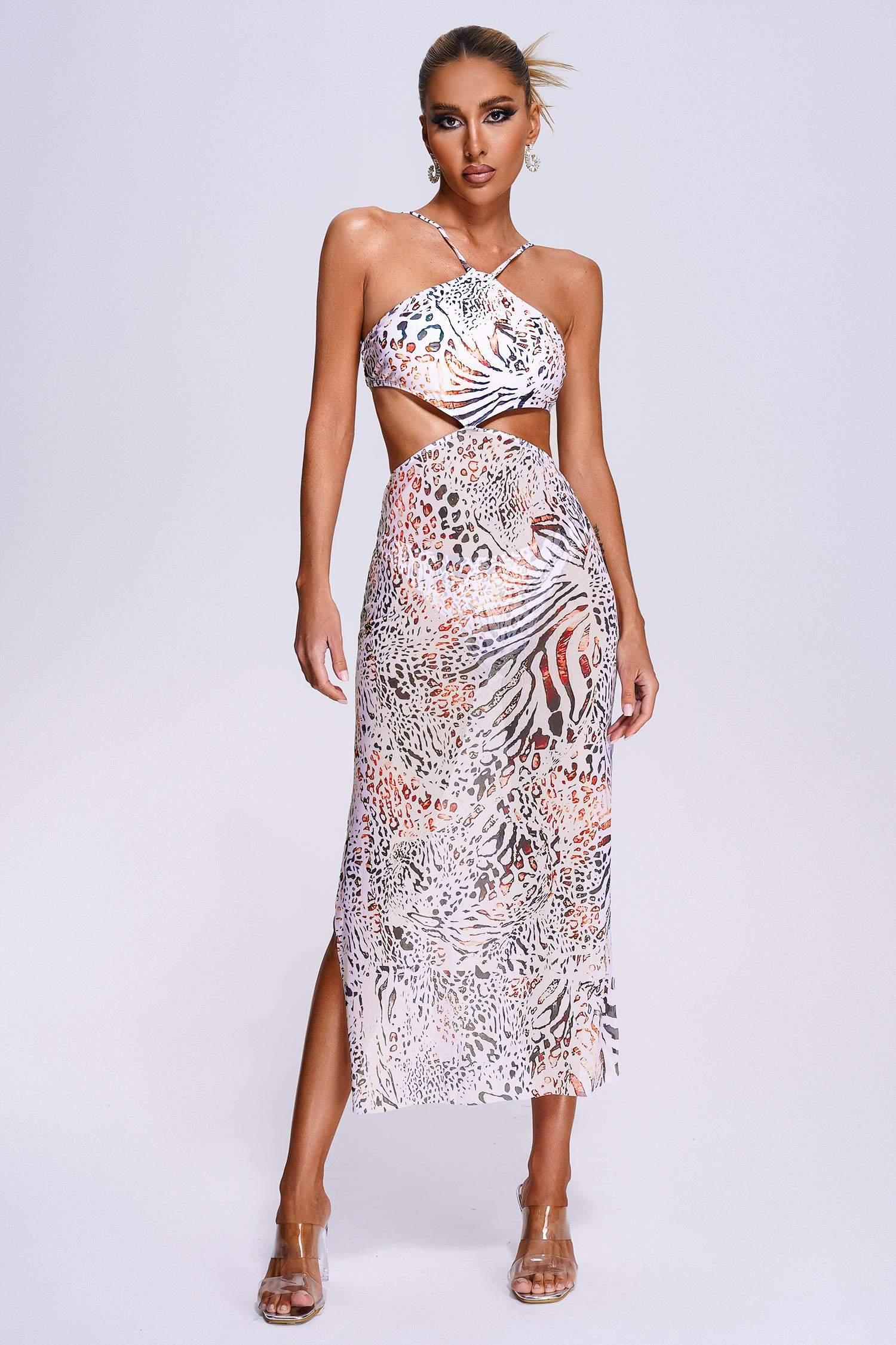 Taffy Halter Leopard  Mesh Midi Dress - Bellabarnett