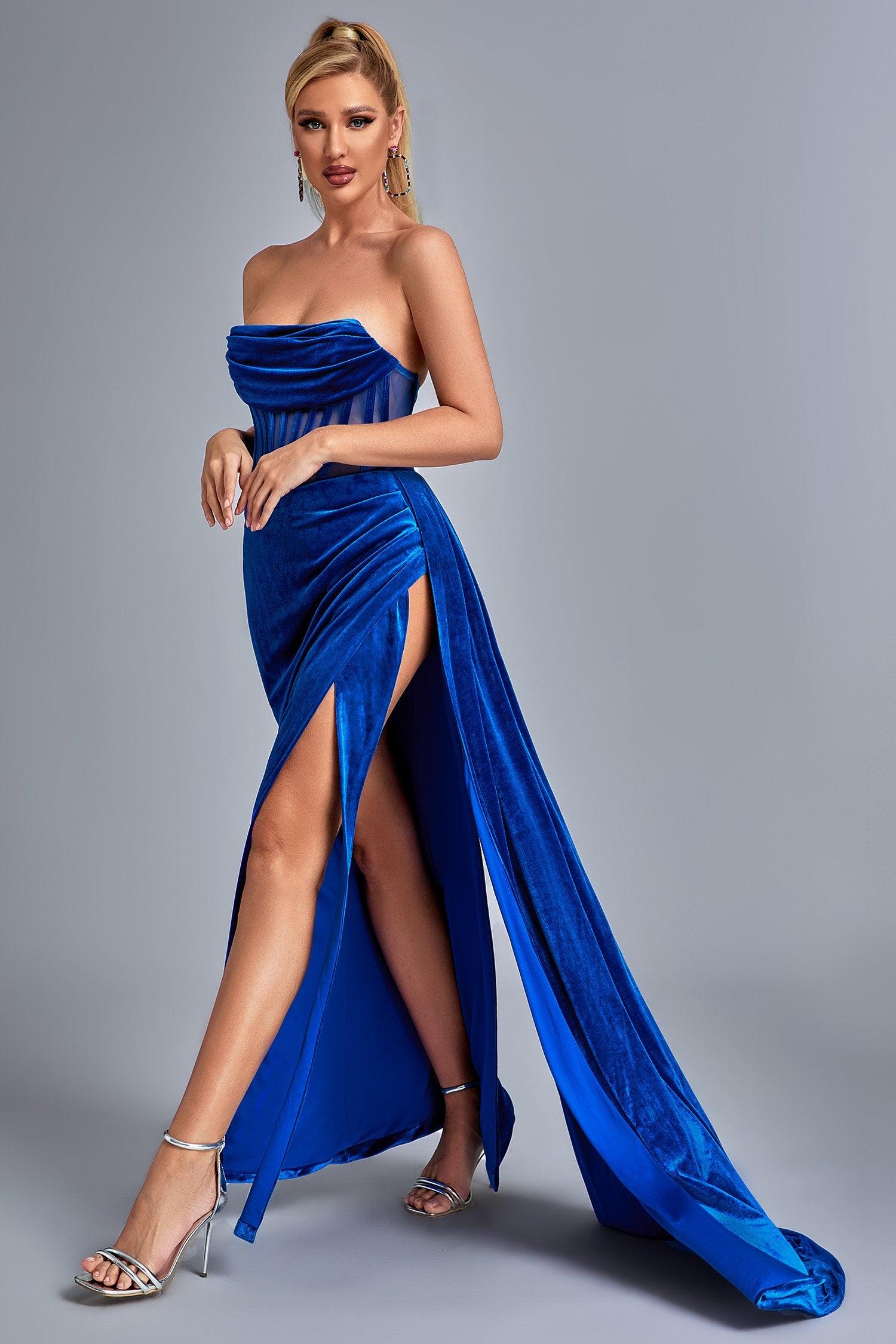 Lamva Corset Velvet Slit Maxi Dress - Blue - Bellabarnett