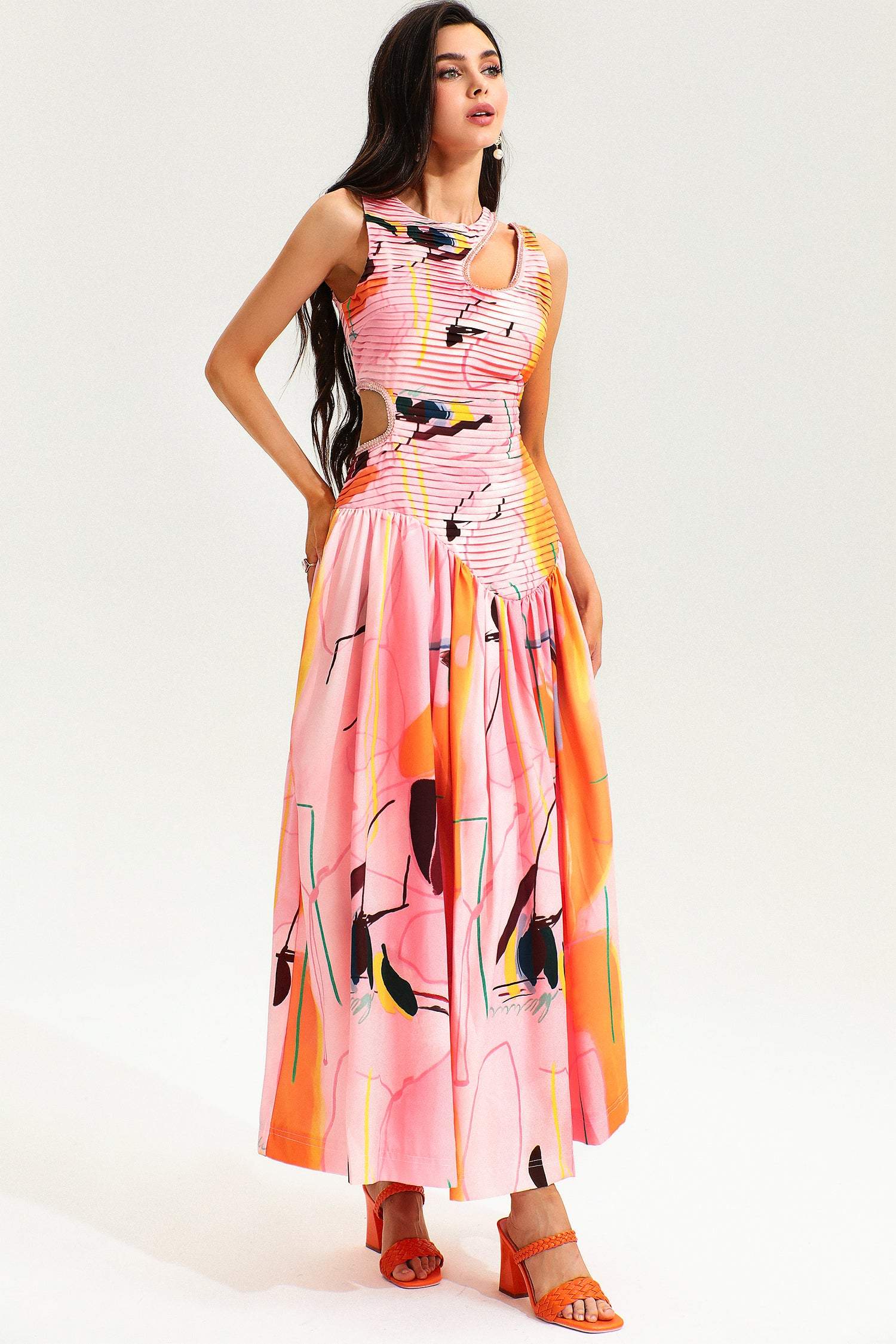 Printed Sleeveless Cutout Midi Dress
