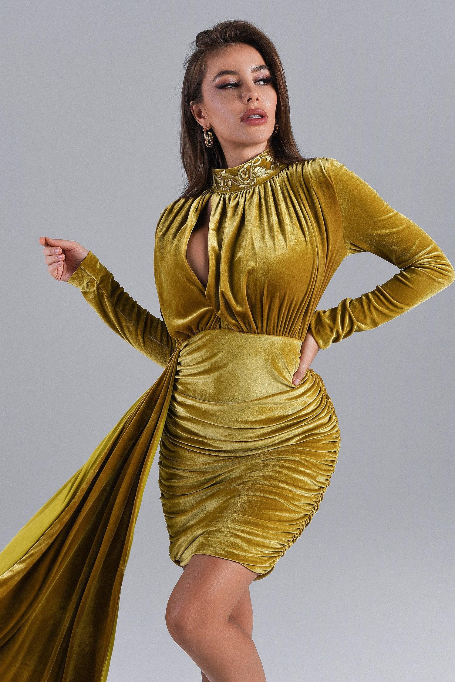 Brinley Blue Velvet Drape Dress - Gold - Bellabarnett