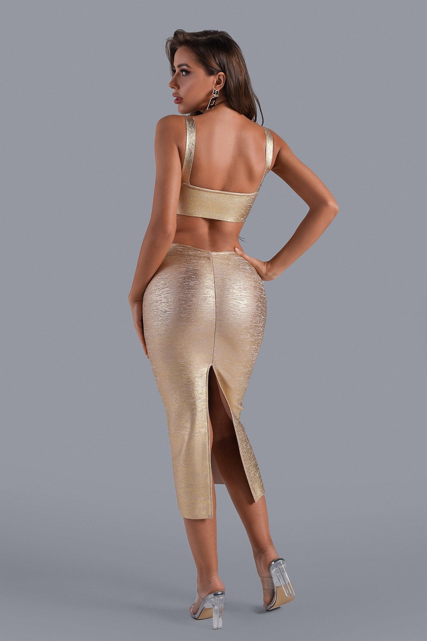 Kit Metallic Midi Bandage Dress - Gold - Bellabarnett