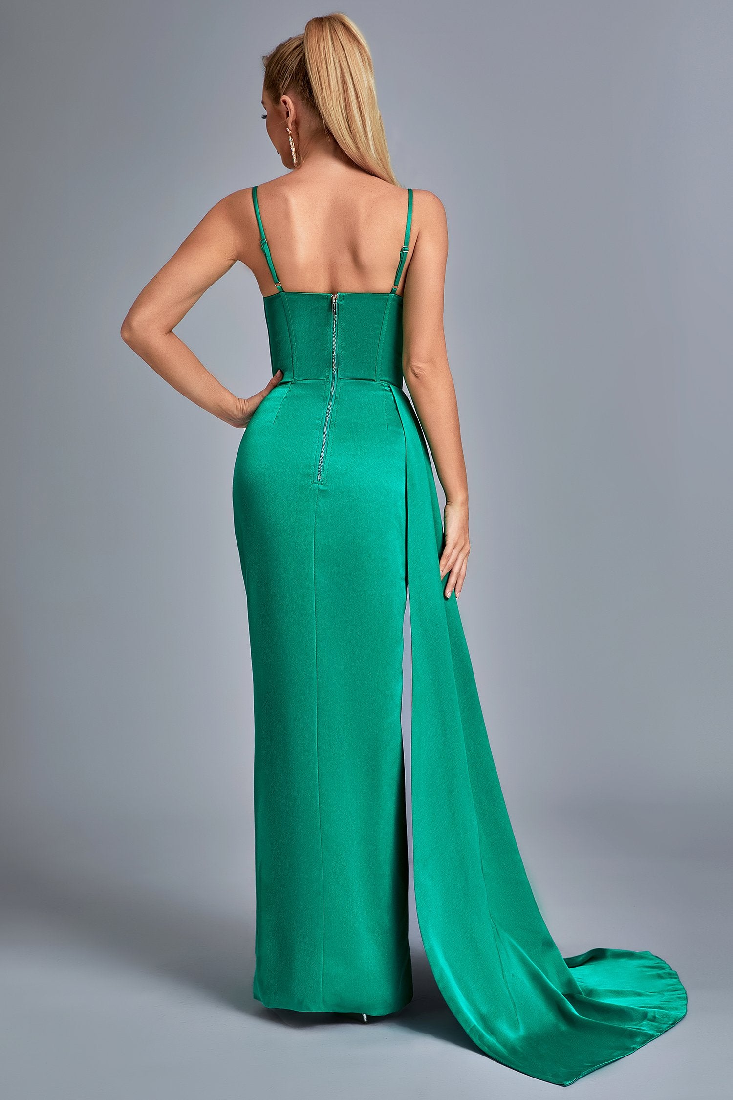 Vacab Diamante Satin Slit Maxi Dress - Green