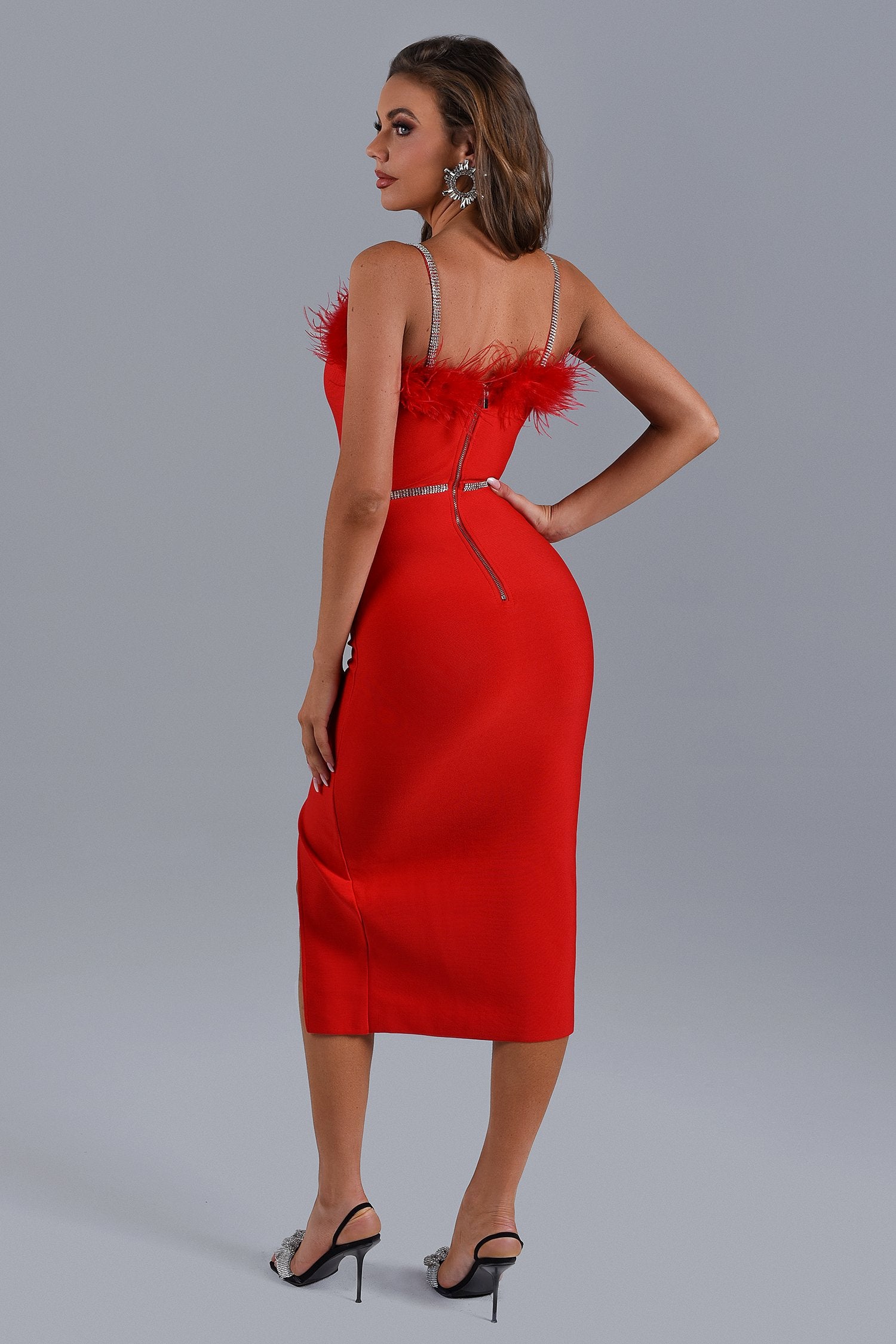 Dana Feather Slit Midi Bandage Dress - Red