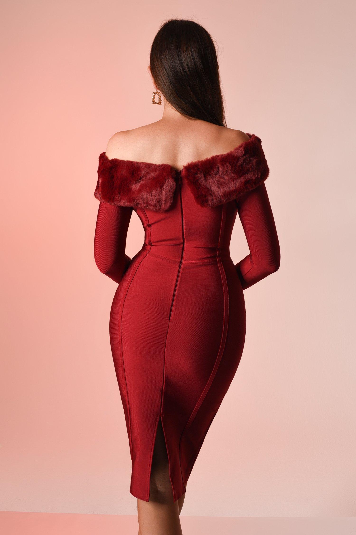 Taina Off Shoulder Midi Bandage Dress - Red - Bellabarnett