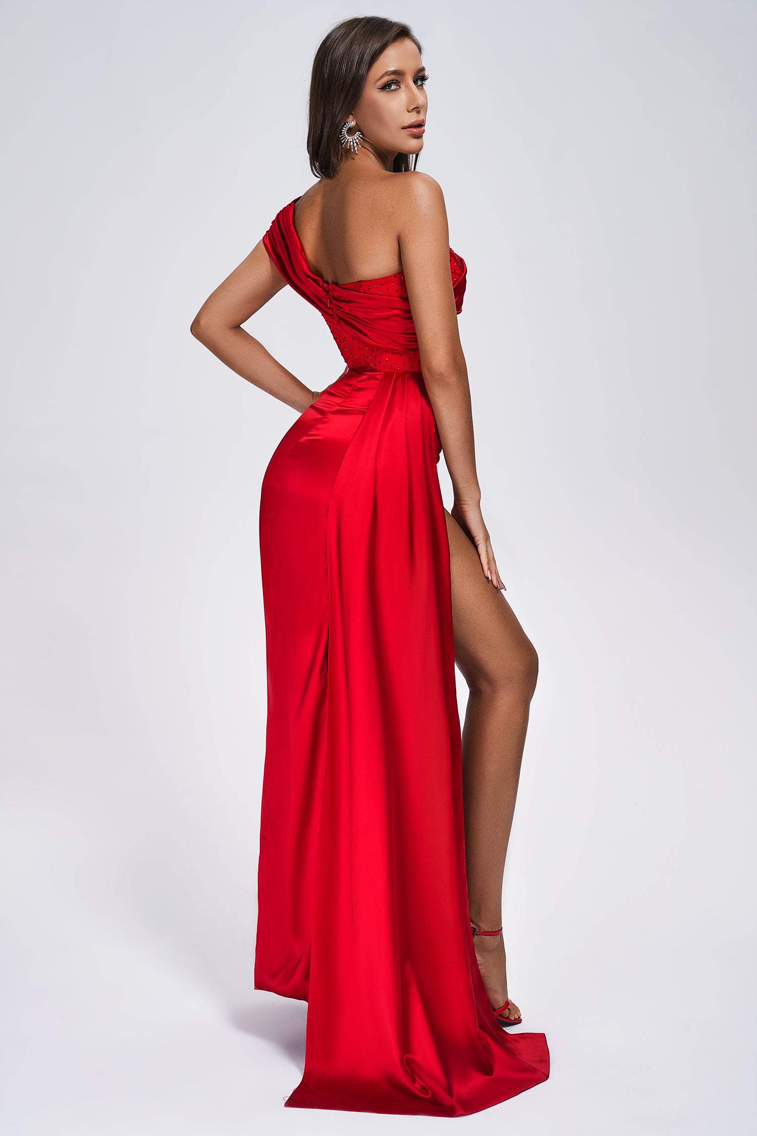Colia Diamomate Mesh Corset Satin Maxi Dress - Red