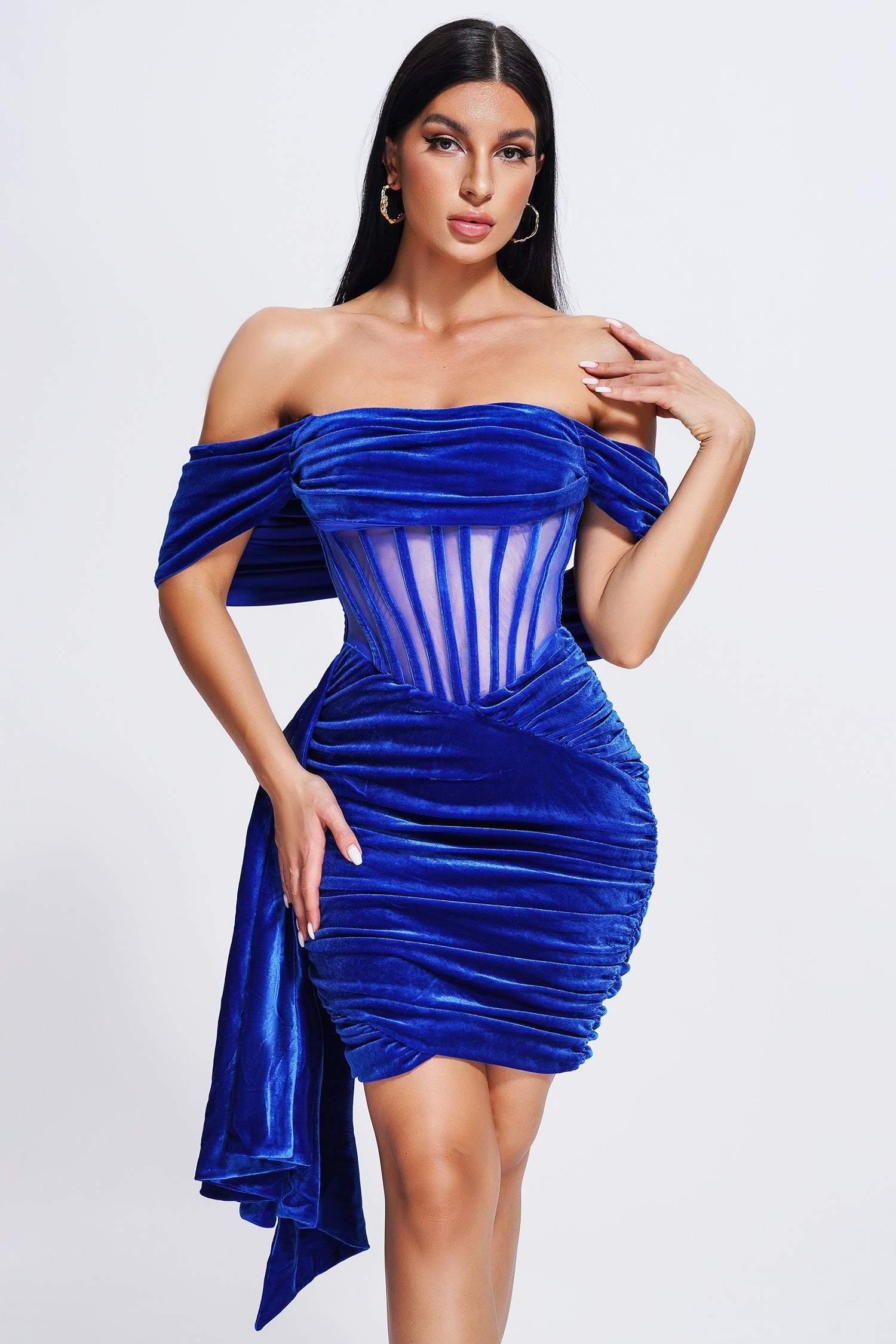 Elasa Velvet Corset Mini Dress - Blue - Bellabarnett