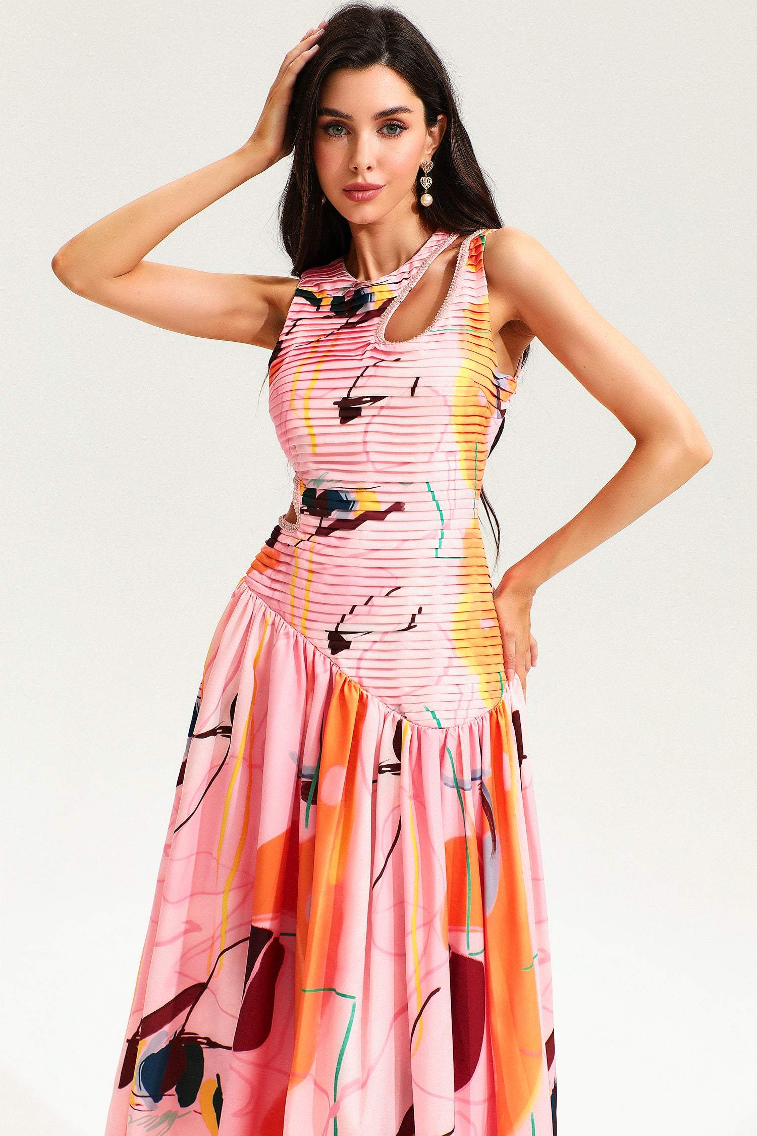 Printed Sleeveless Cutout Midi Dress