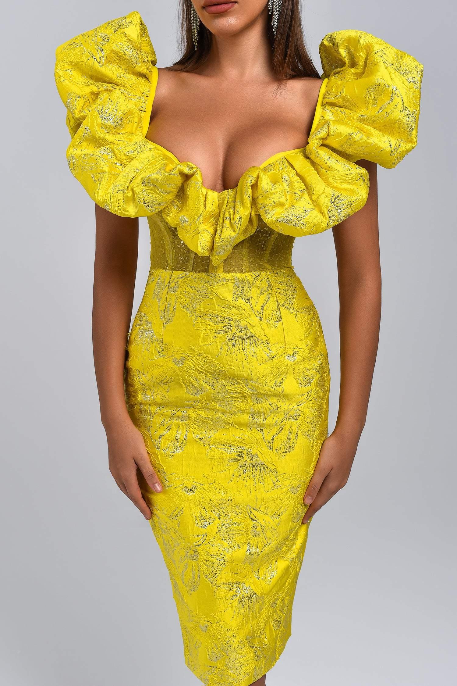 Melany Jacquard Midi Dress - Yellow - Bellabarnett