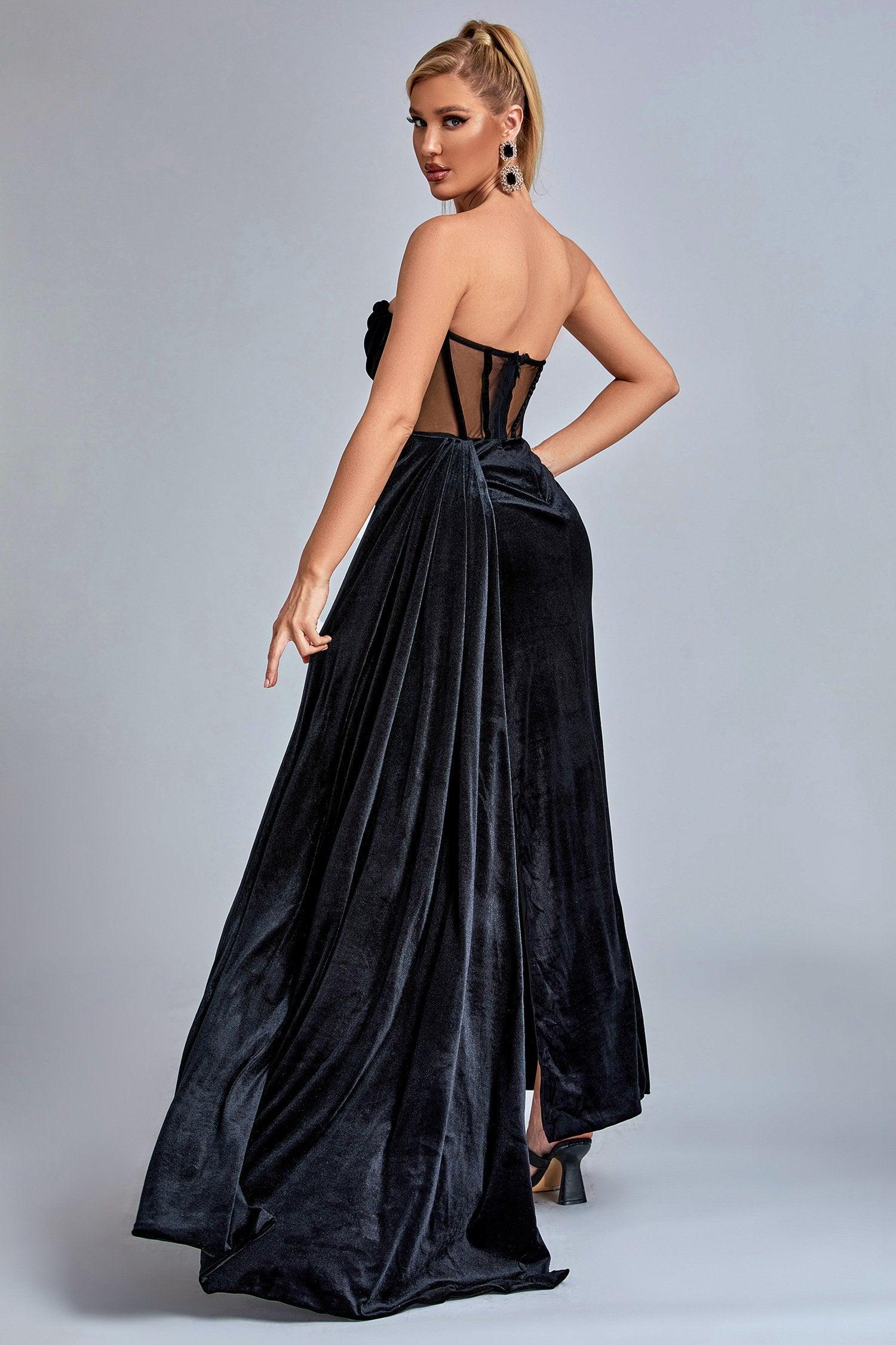 Black velvet cheap slit dress