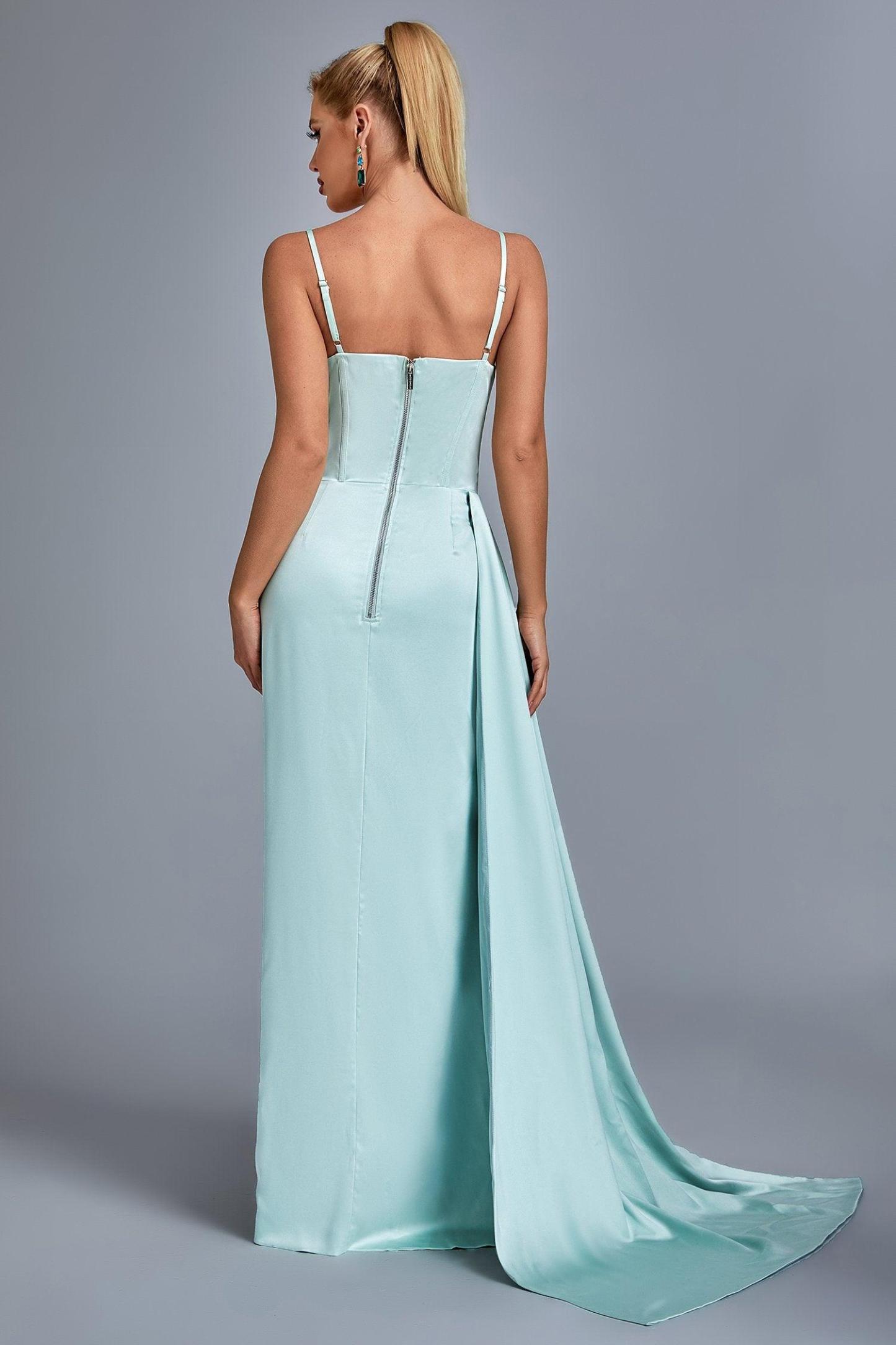 Vacab Diamante Satin Slit Maxi Dress - Mint - Bellabarnett