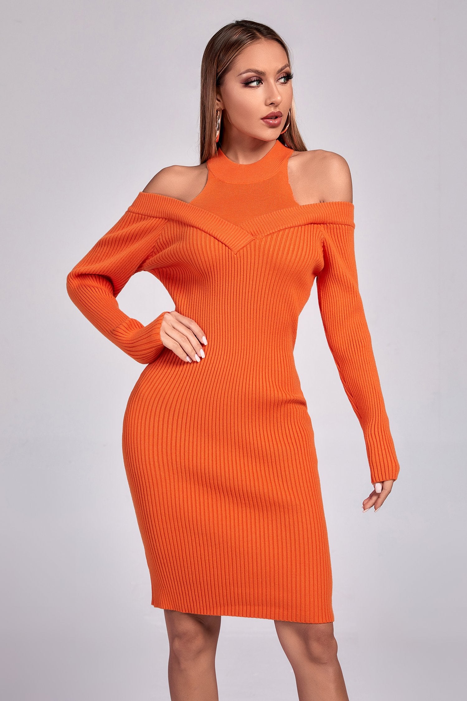 Izzy Long Sleeve Cutout Sweater Dress - Orange - Bellabarnett