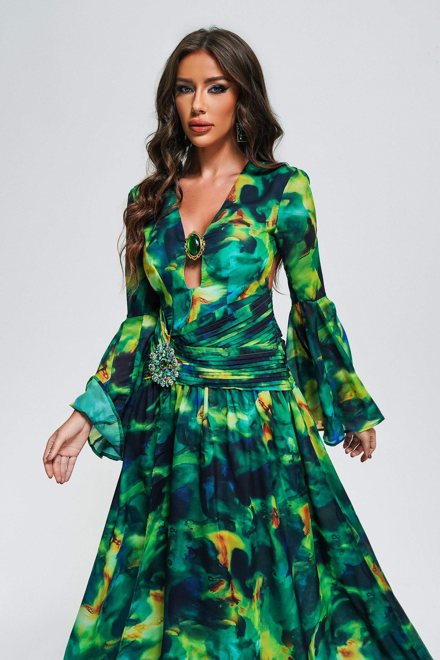 Heart Printed Embellished Slit Maxi Dress