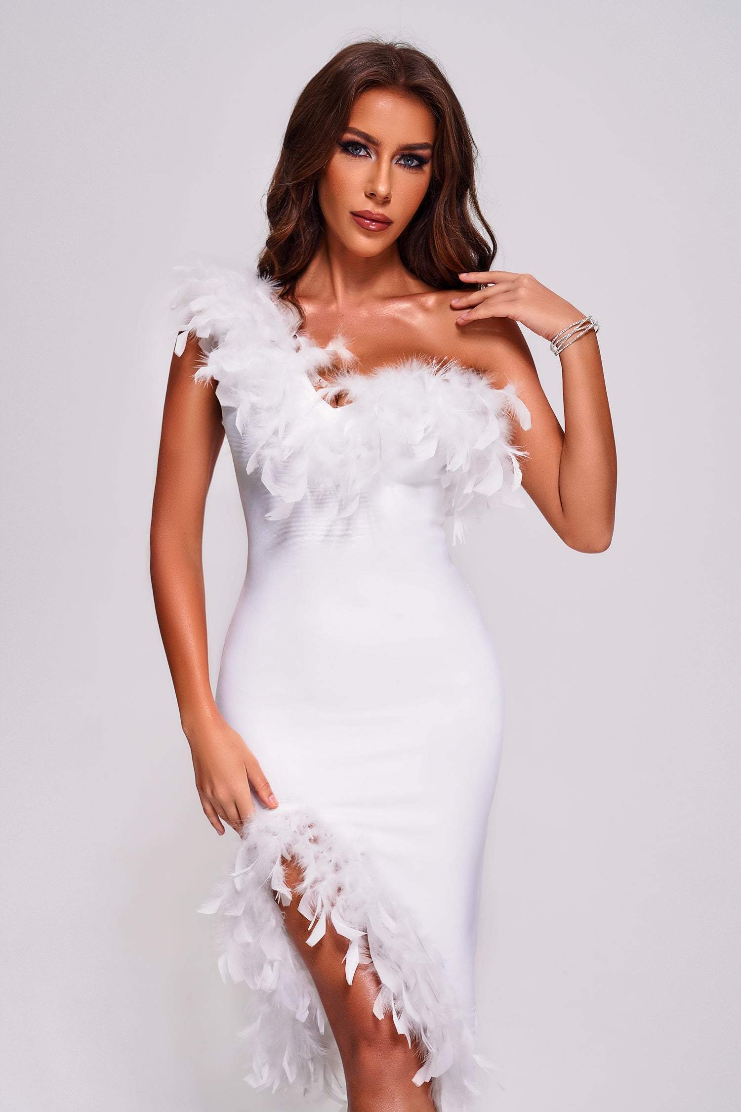 Hailey One Shoulder Feather Midi Dress