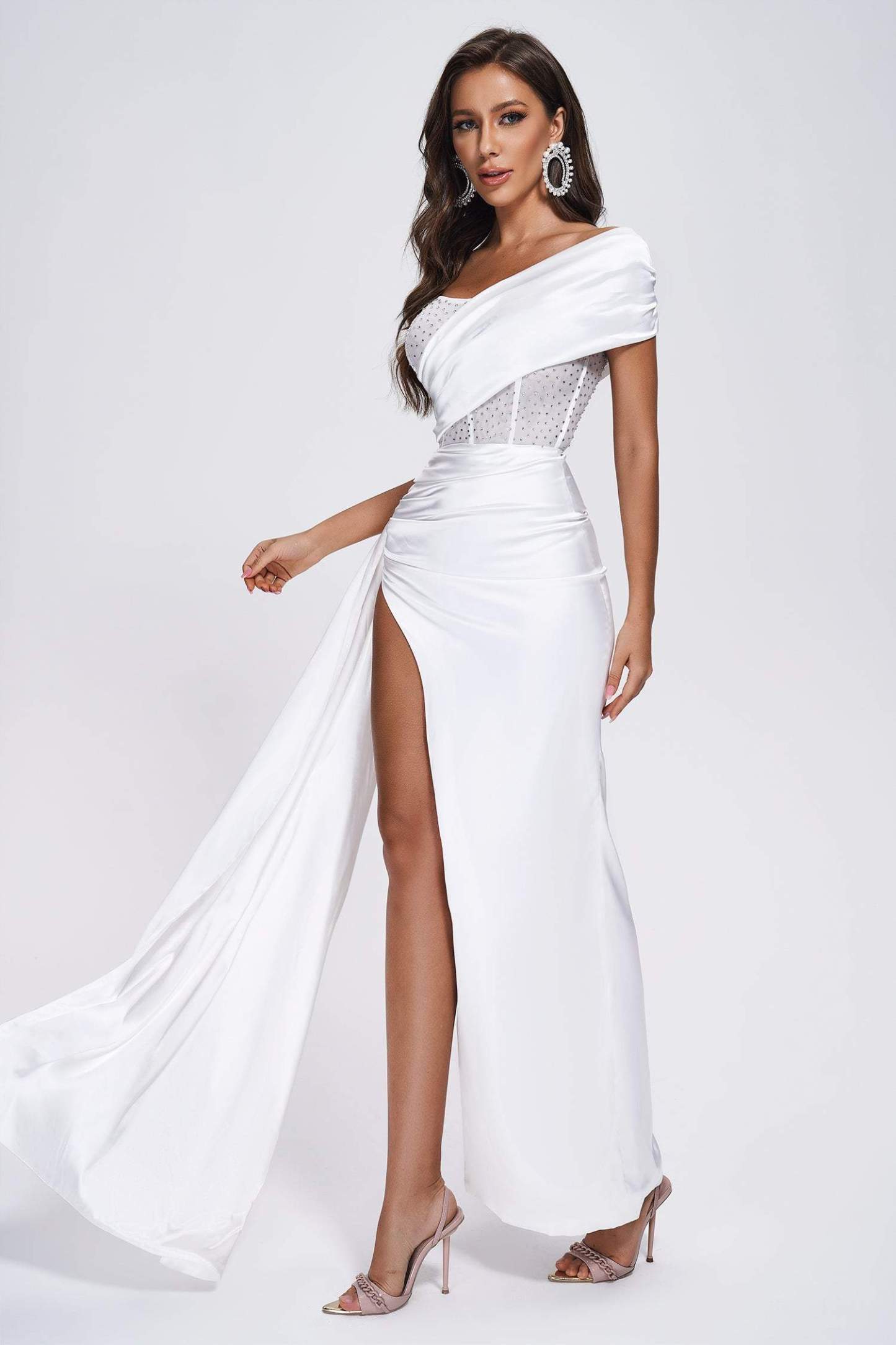 Colia Diamomate Mesh Corset Satin Maxi Dress - White
