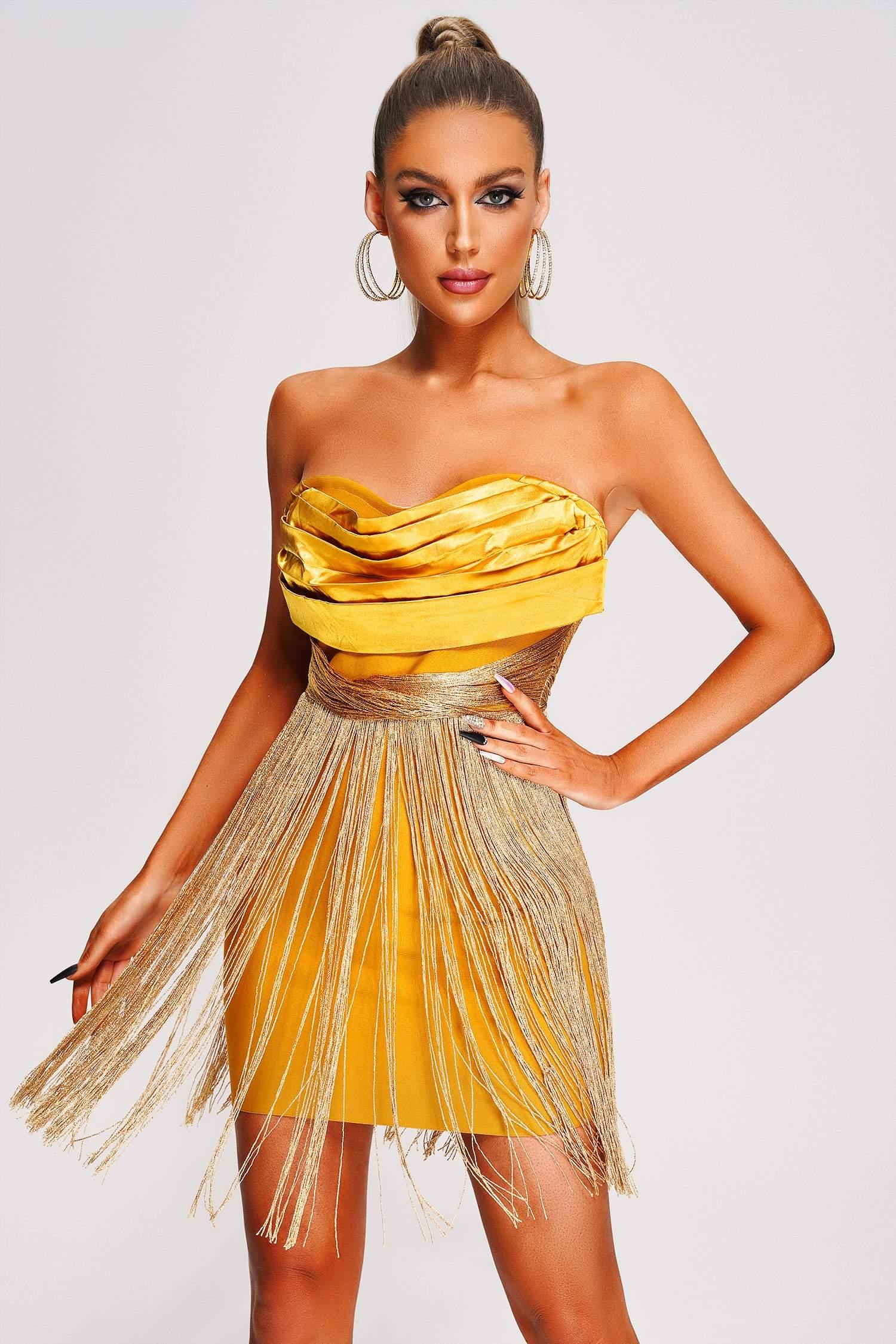 Strapless hot sale tassel dress