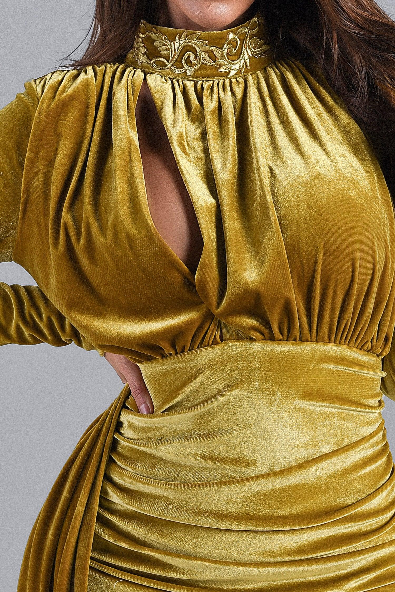 Brinley Blue Velvet Drape Dress - Gold - Bellabarnett