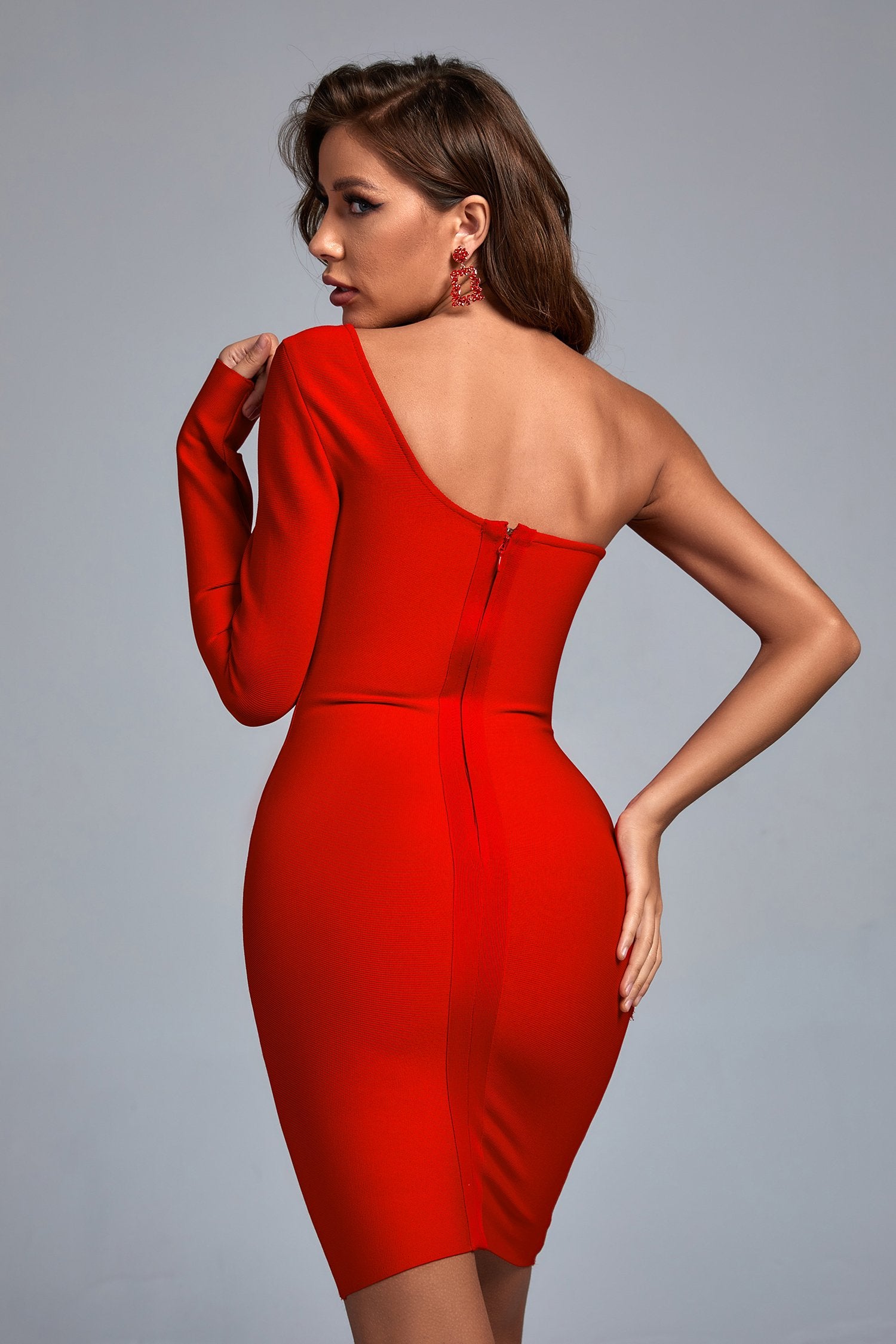 Mahalia One Shoulder Lace Bandage Dress - Red - Bellabarnett