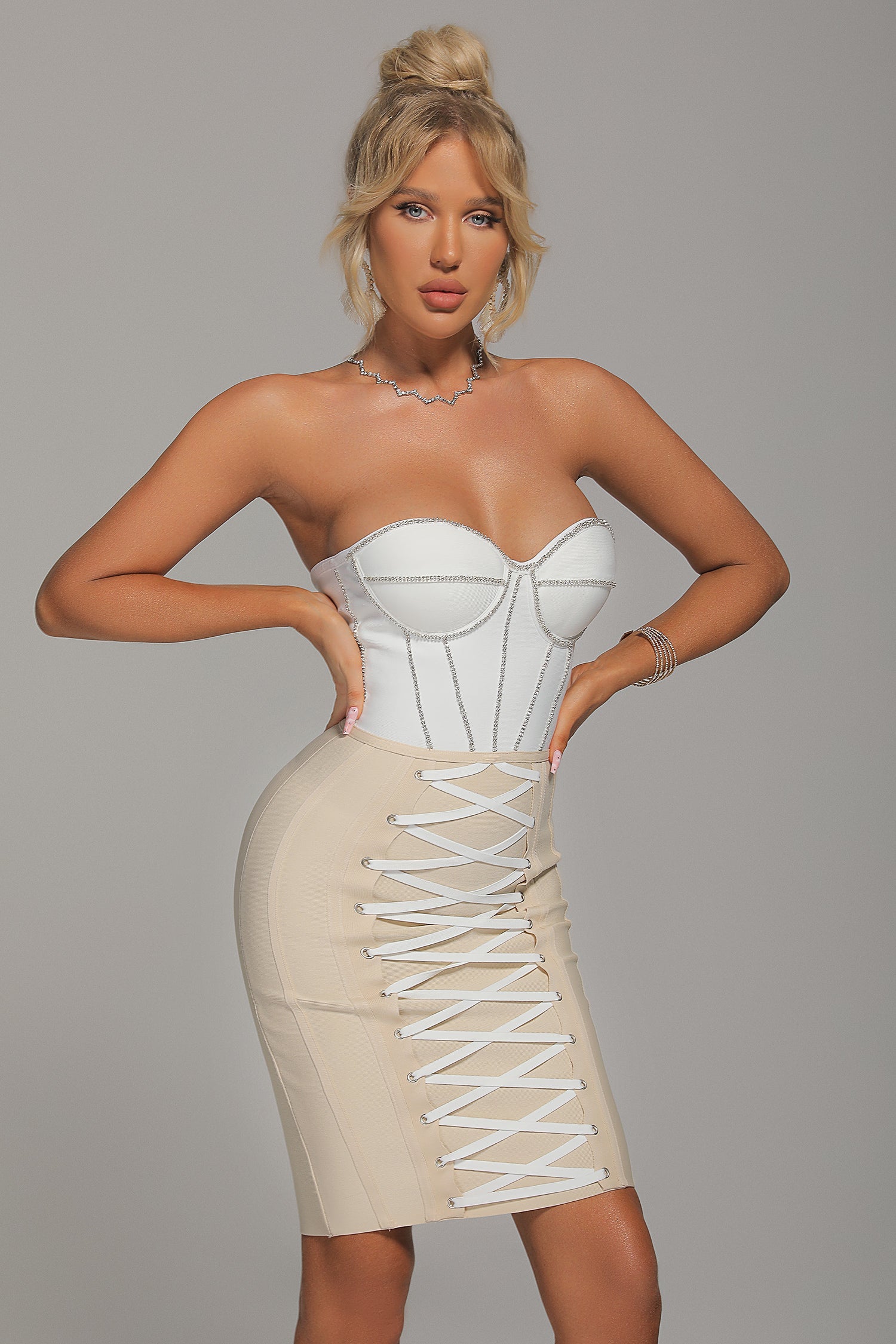 Siena Diamonate Lace Up Mini Bandage Dress - White